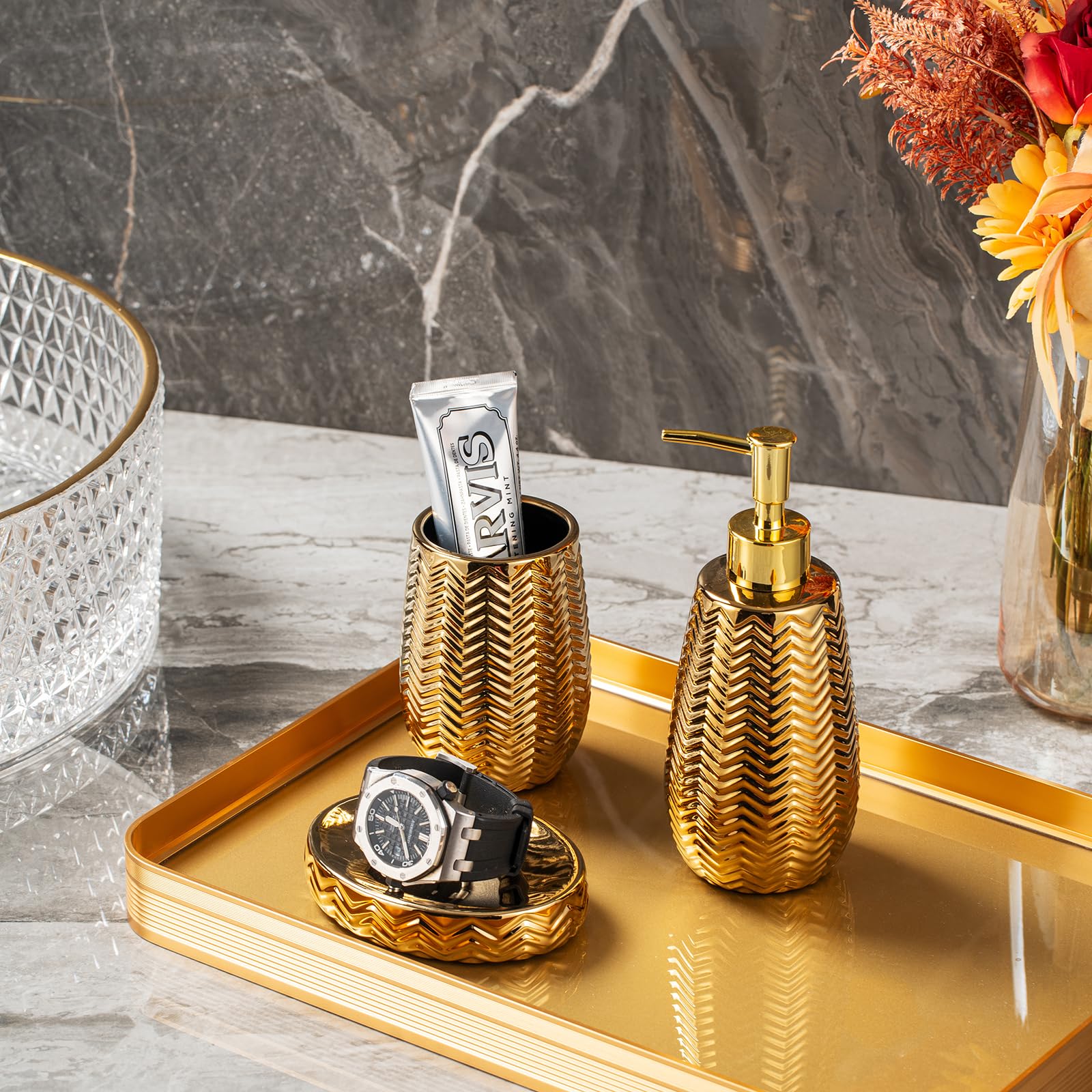Accesorios de baño dorados 3 piezas de accesorios de baño elegantes, dispensador de jabón dorado, bomba dispensadora de jabón, vaso y jabonera, decoración moderna, diseño ondulado, juego de accesorios 7