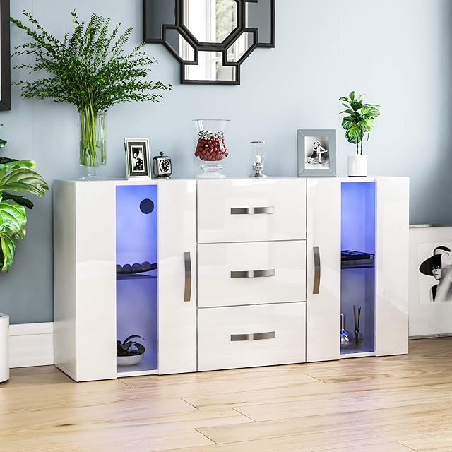 Vida Designs Astro 2 Door 3 Drawer Modern LED Sideboard in White, RGB Lights (Fade/Strobe Options Included), Wooden Matte Style with High Gloss Features