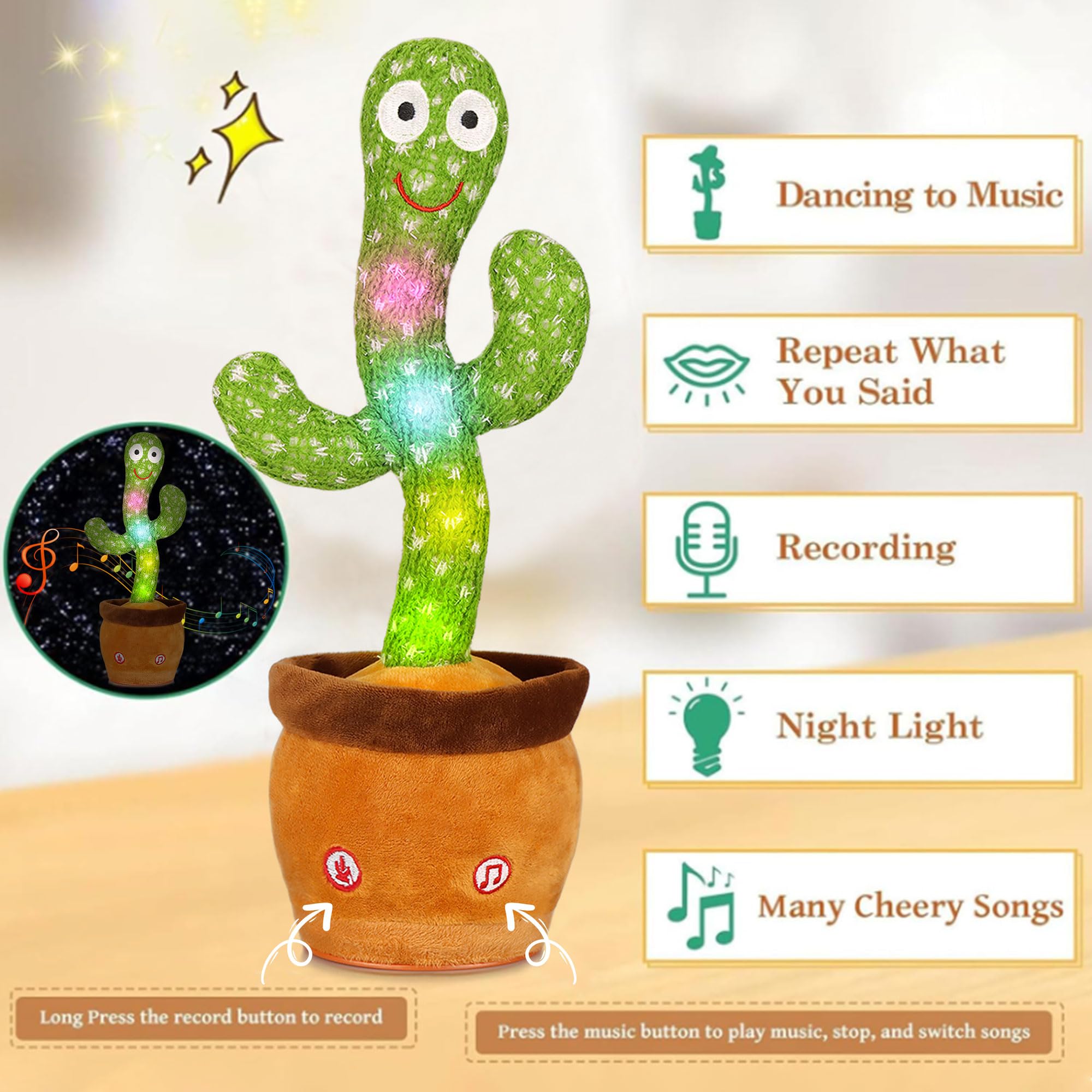 Cactus Bailarín | Interactivo Que Baila y Habla en Español | Peluche con Luces y Música Que Repite tu Voz | Regalo Original para Cumpleaños de Niños