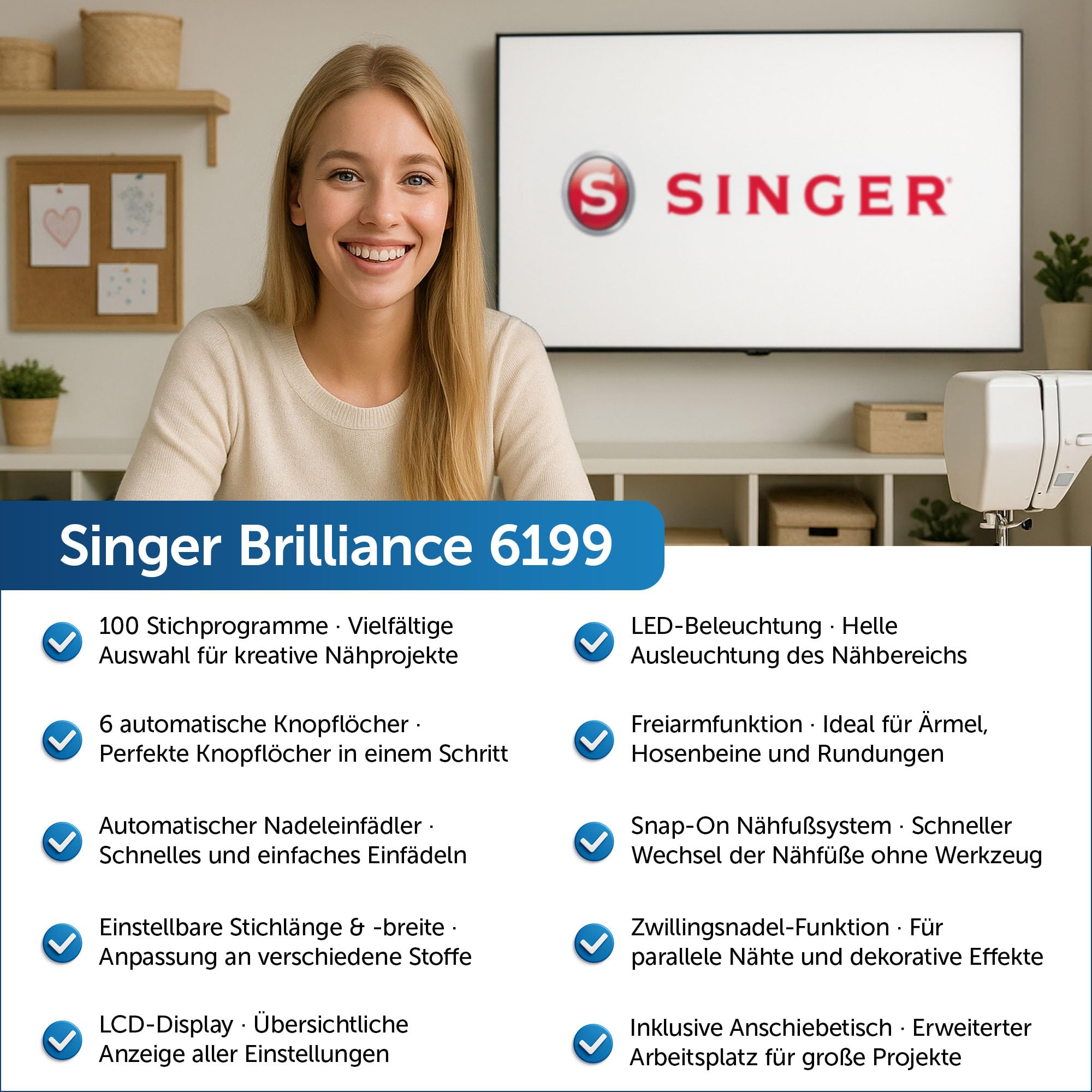 Singer 6199 Brilliance Nähmaschine, 100 Stiche, Weiß