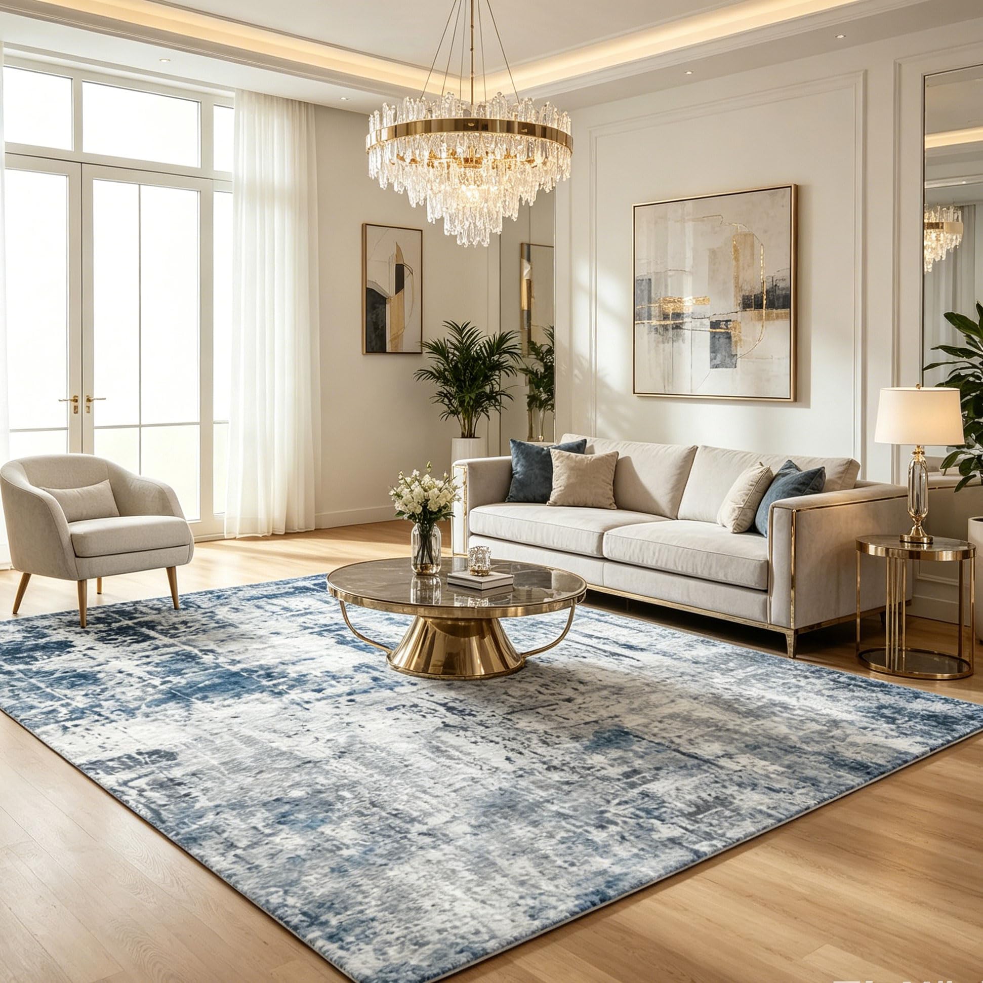Tapis Salon 160x230cm, Tapis Moderne de Chambre à Coucher, Tapis de Salon Abstrait Antidérapant Lavable en Machine Tapis de Chambre Adulte Doux Poil Court pour Salon Bureau Intérieur (Gris et bleu)