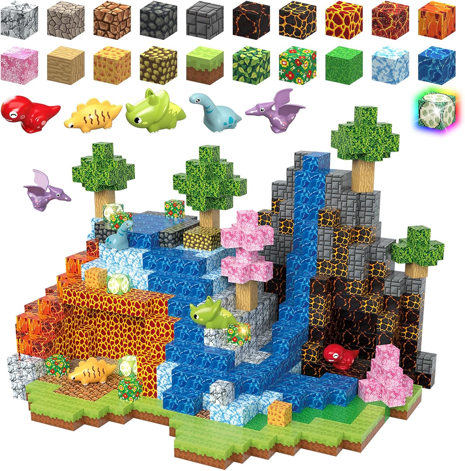 Magnetic Blocks Building Toys, 1" Light Up Dinosaur Building Blocks Magnet Cubes Tiles for Toddlers Boys Girls 3+, Build Jurrasic Scenes STEM Sensory Construction Toys