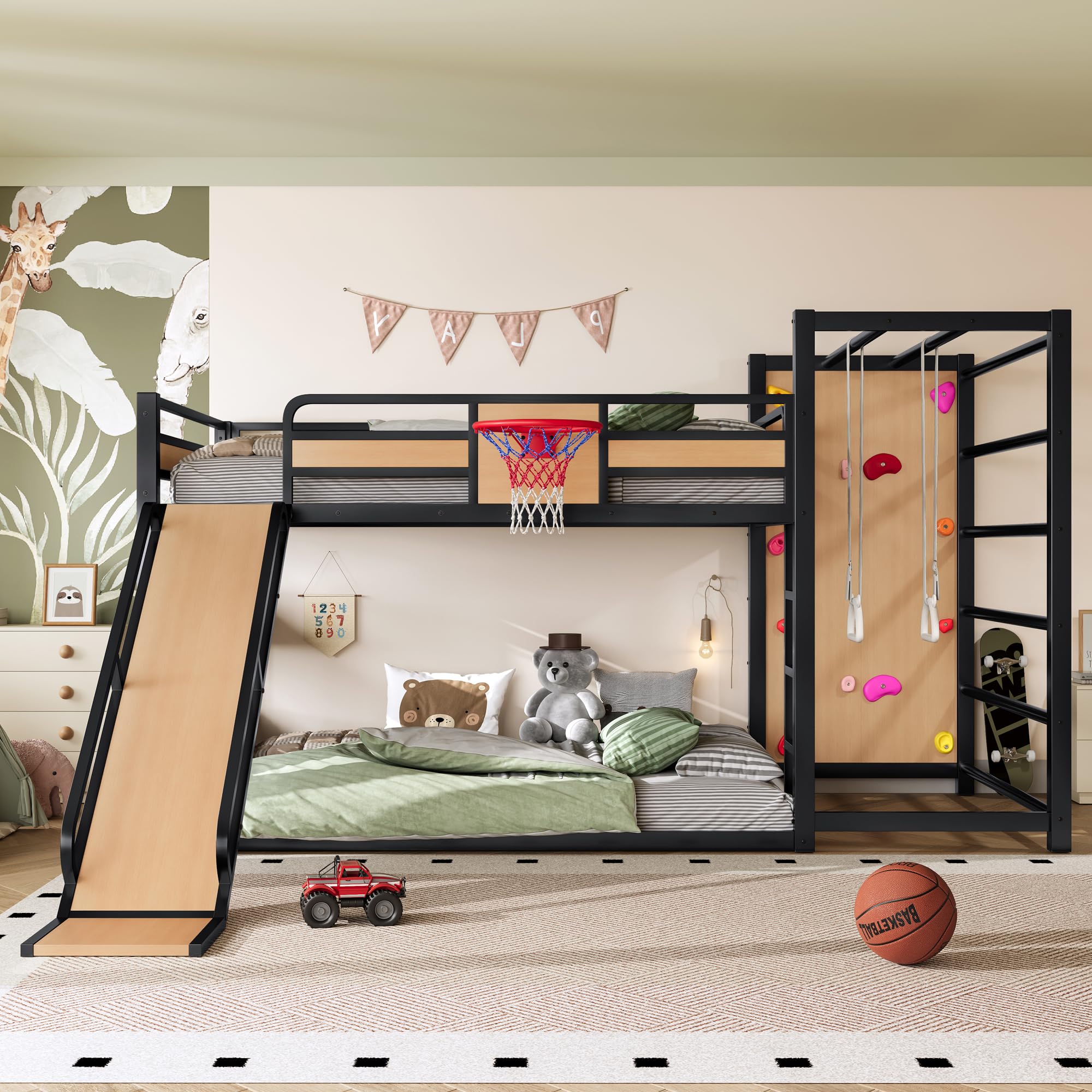 Photo 1 of Bellemave Full Size Bunk Bed with Basketball Hoop, Pull-up Rings and Climbing Wall, Full Bunk Bed with Slide and Bookcase, Heavy Duty Bunk Beds with Guardrail, Natural