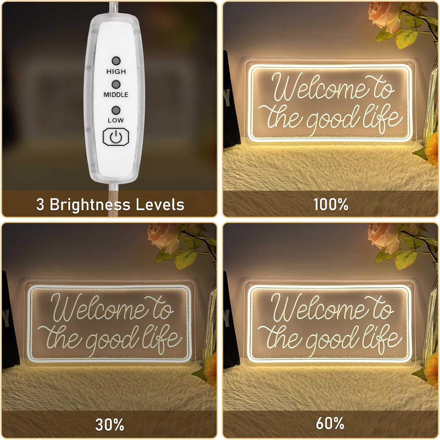 Welcome To The Good Life Neon SignUSB Powered,Three Brightness Adjustable LED Sign for Wedding Anniversary Valentine's Celebrations Bedroom Art Sign Decorations image 4