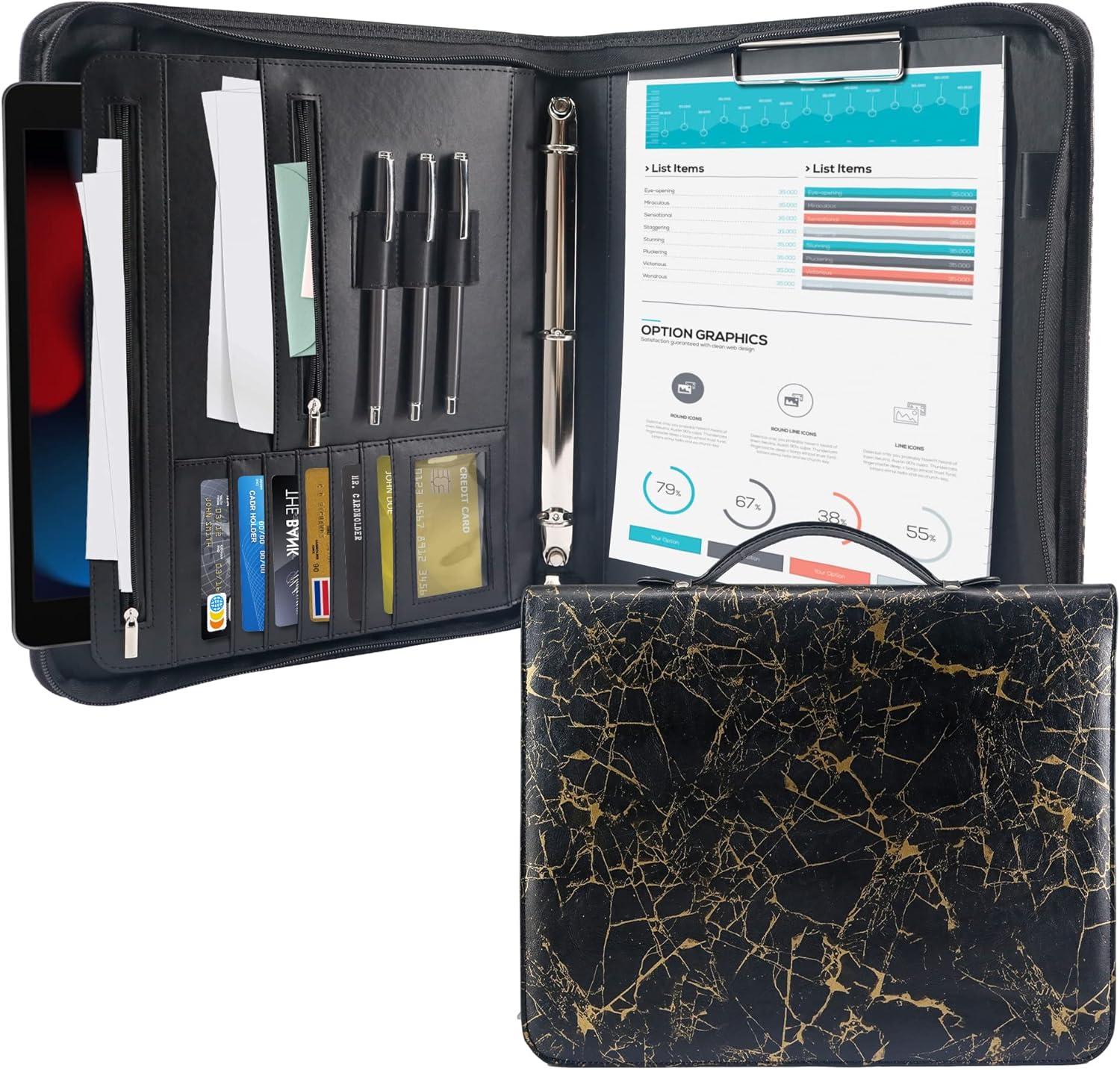 GraduationMall A4 Conference Folder with Ring Binder,Zipped Portfolio