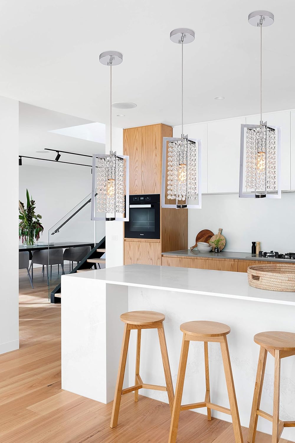 Suреr Sаlе 🛒 PAPAYA Chrome Square Iron Mini Modern Crystal Pendant Light Fixtures 1-Light Chandelier for Kitchen Island