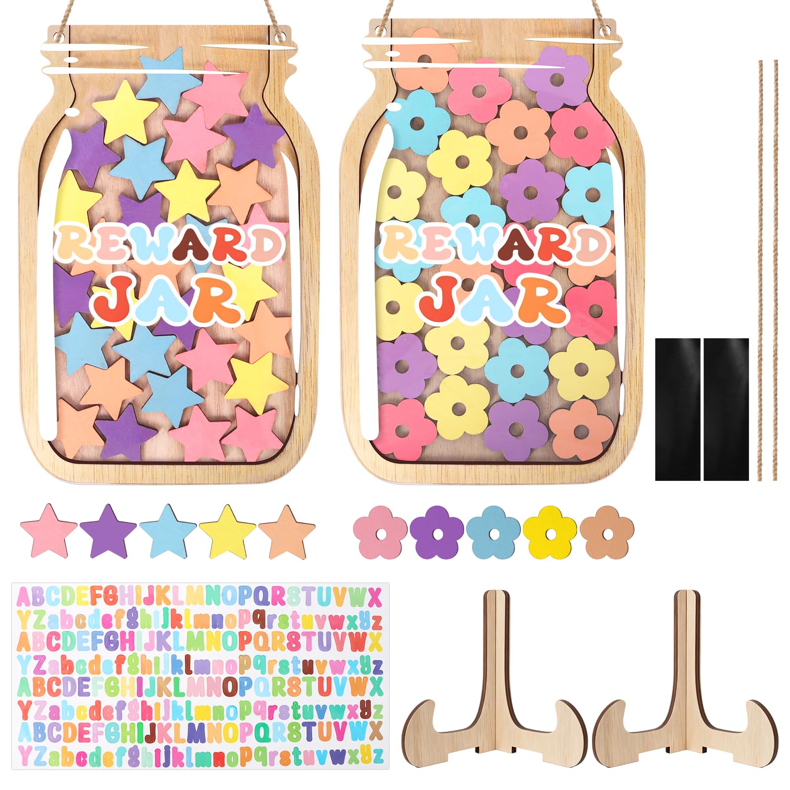 2Pcs Reward Jar, Star Jar Reward System, Magnetic Reward Jar for Children, Wooden Colorful Star Reward Jar for Children's Behavior for Home School Classroom Teacher Parent (60 Stars + Stickers)