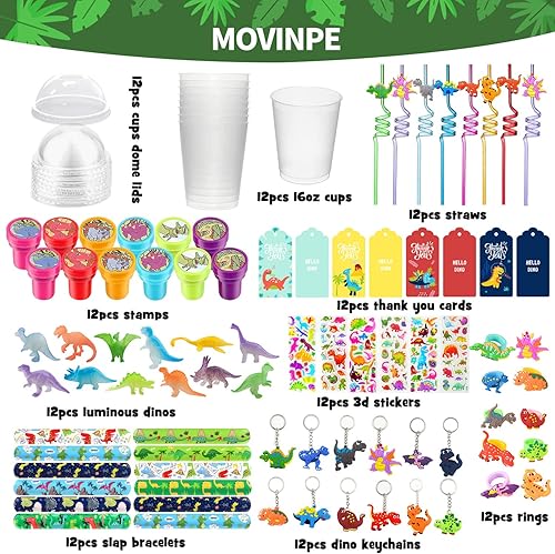 Miniatura 2 de MOVINPE Regalos de fiesta de dinosaurios personalizan tazas de regalo con etiquetas de regalo, relleno de pajitas reutilizables con temática de