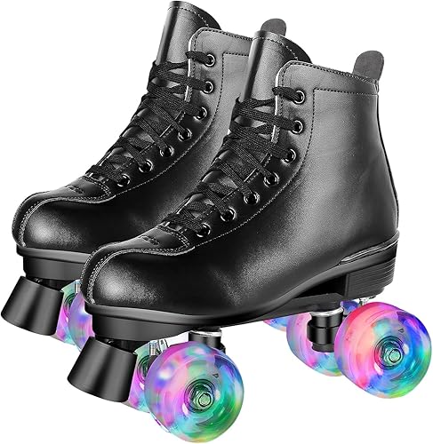Patines clásicos para mujeres y hombres, de piel sintética, de doble fila, para niñasniños, 8 ruedas de luz LED, botas cuádruples para niños y