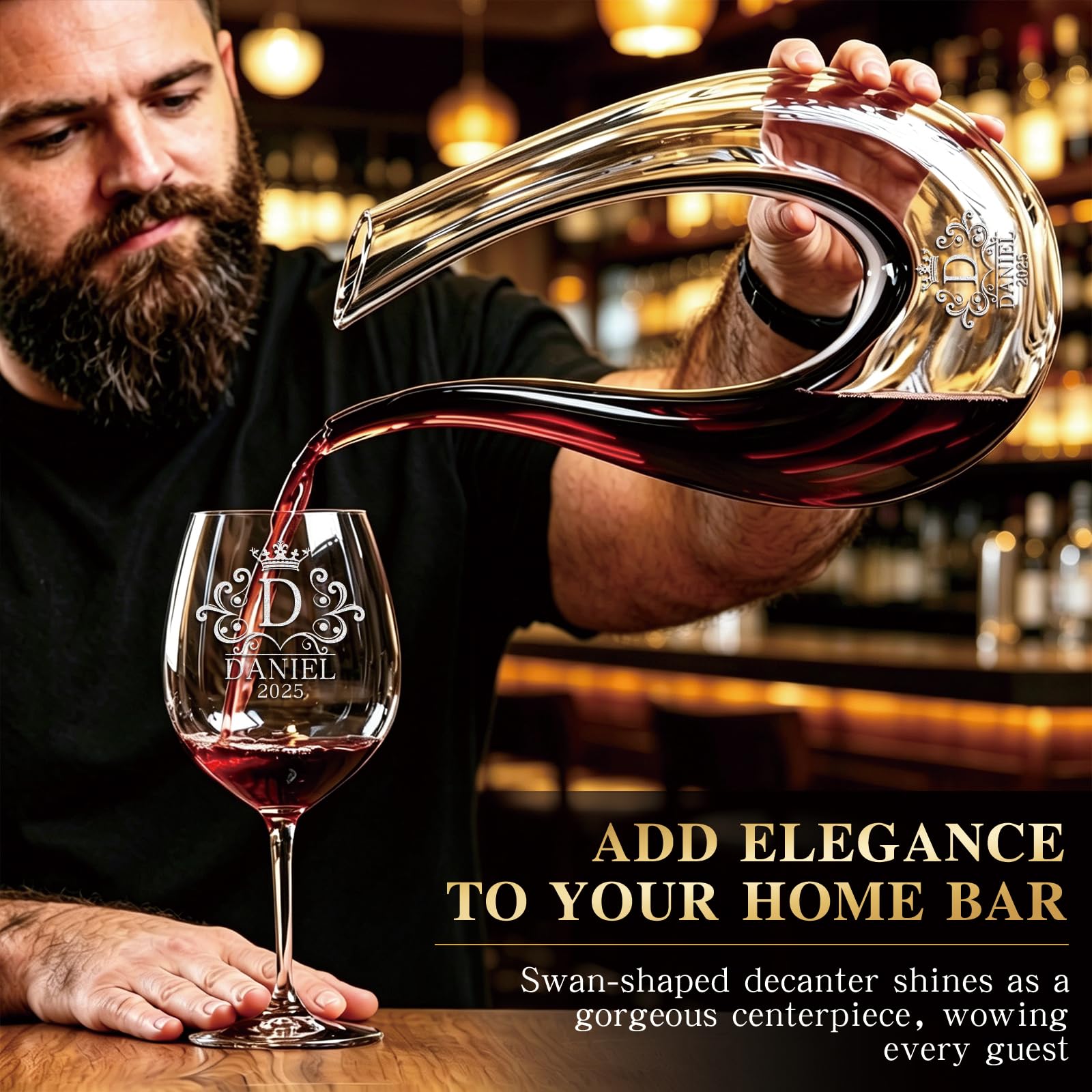 Juego de decantador de vino grabado personalizado, jarra de vino de cisne en forma de U, aireador de vino soplado a mano, regalo para el día del padre y cumpleaños