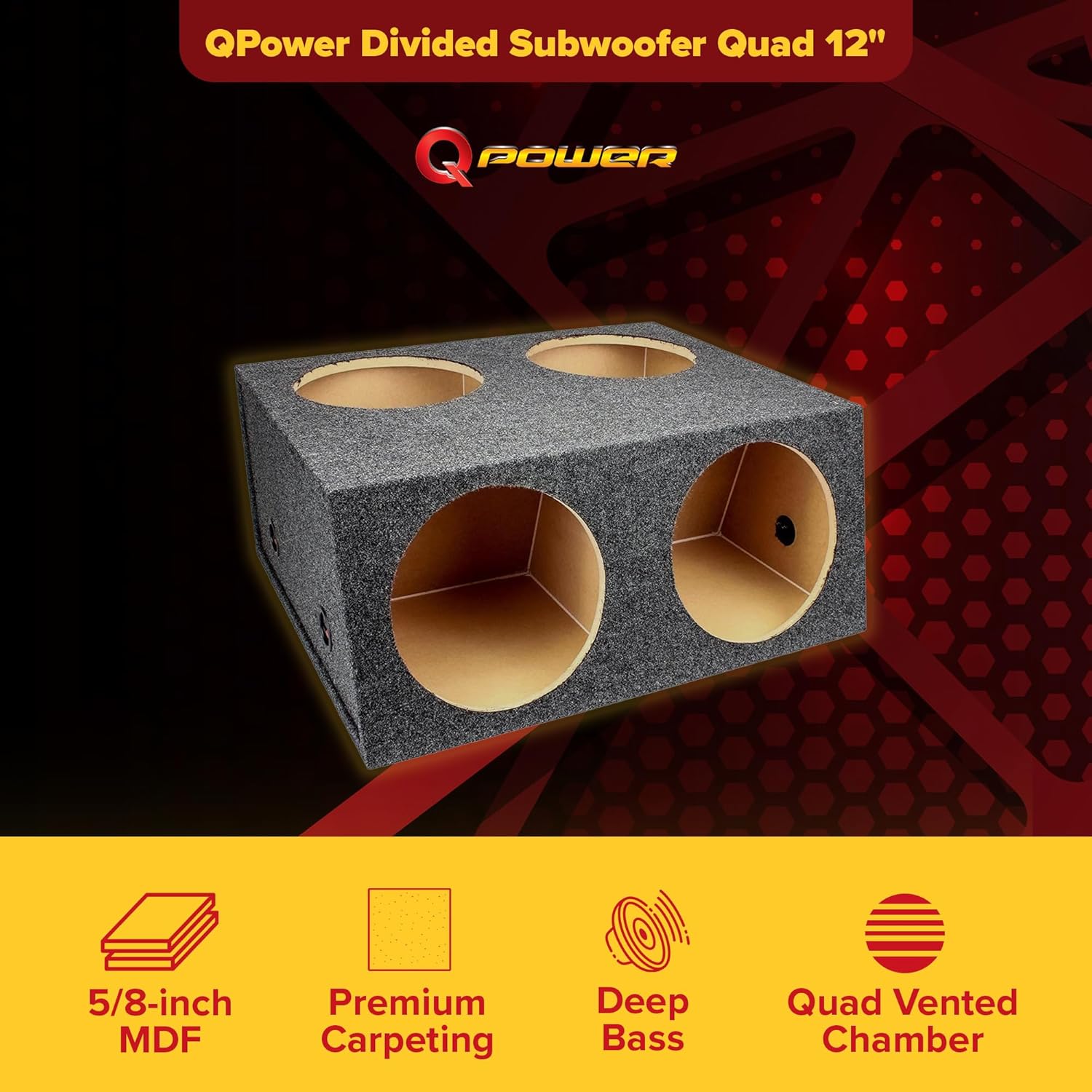 QPower Quad Easy Set 4 Hole 12 Inch Sealed Divided Speaker Box Subwoofer Enclosure MDF Construction Carpeted Car Audio Universal Fit