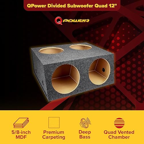 Miniatura 2 de QPower Quad Easy Set - Caja de altavoz dividida sellada de 4 agujeros, 12 pulgadas, carcasa de subwoofer, construcción de MDF, audio para automóvil,
