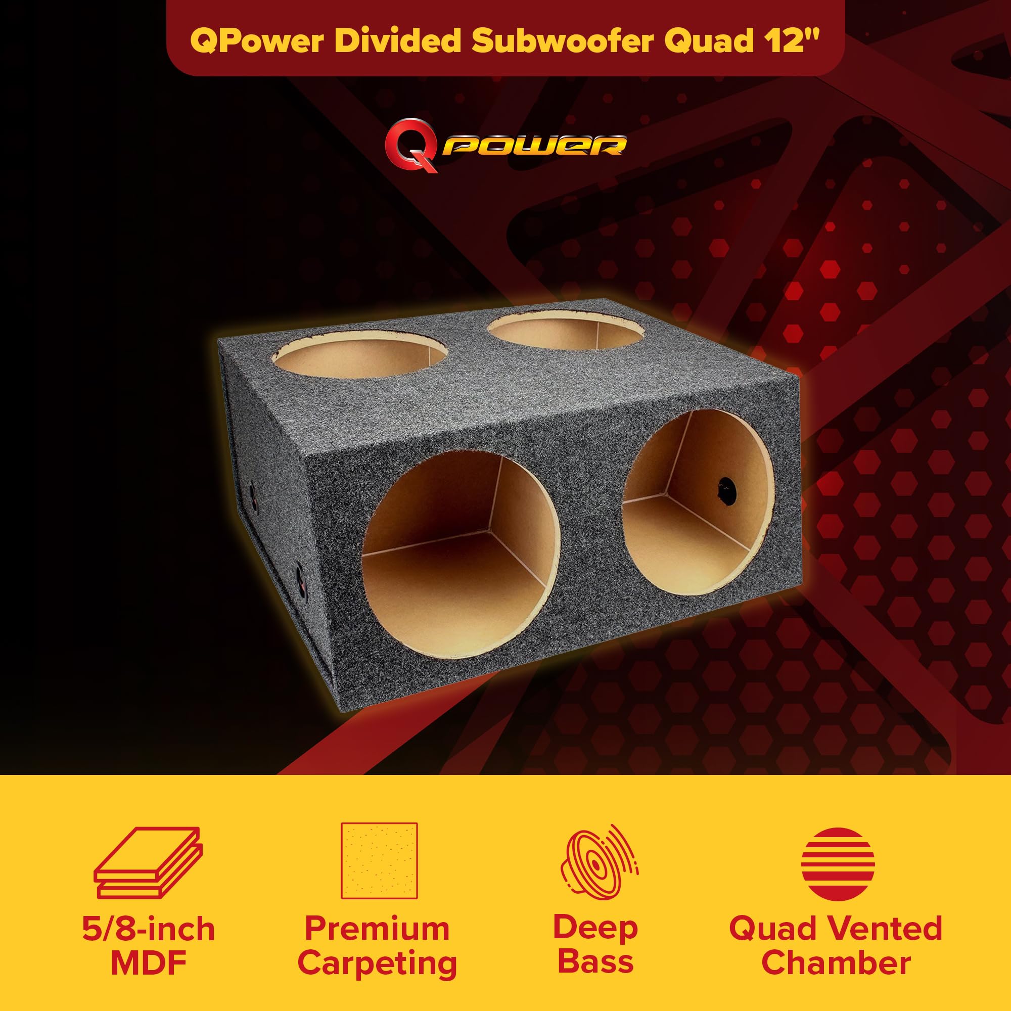 QPower Quad Easy Set 4 Hole 12 Inch Sealed Divided Speaker Box Subwoofer Enclosure MDF Construction Carpeted Car Audio Universal Fit