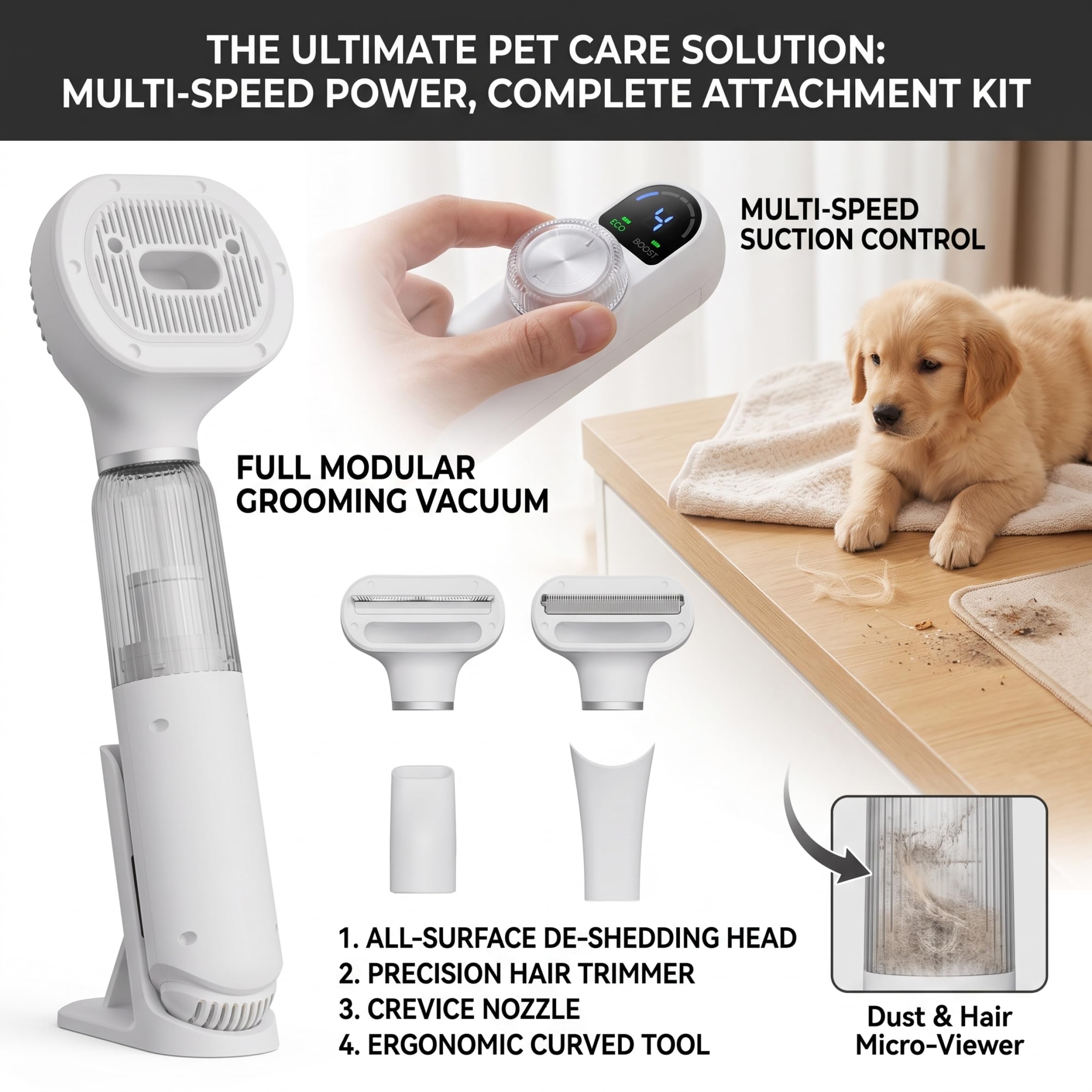Kit de aseo para perros inalámbrico y ligero con cabezales de cepillo reemplazables, cepillo de aspiradora para perros y gatos, herramienta de aseo portátil, color blanco