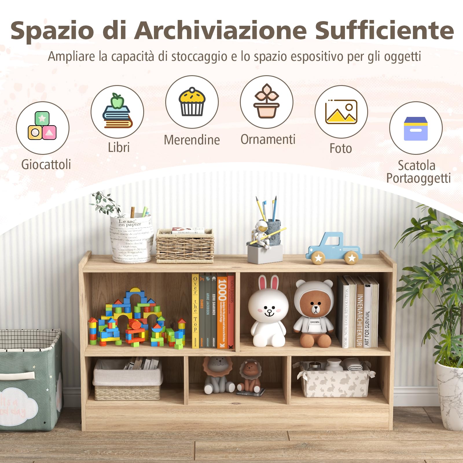 GYMAX Libreria Bassa in Legno, 2 Livelli, 5 Scomparti, Deposito Classificato, Ideale per Soggiorno, Studio ed Ufficio, Stile Moderno, 112 x 30,5 x 61 cm (Naturale)