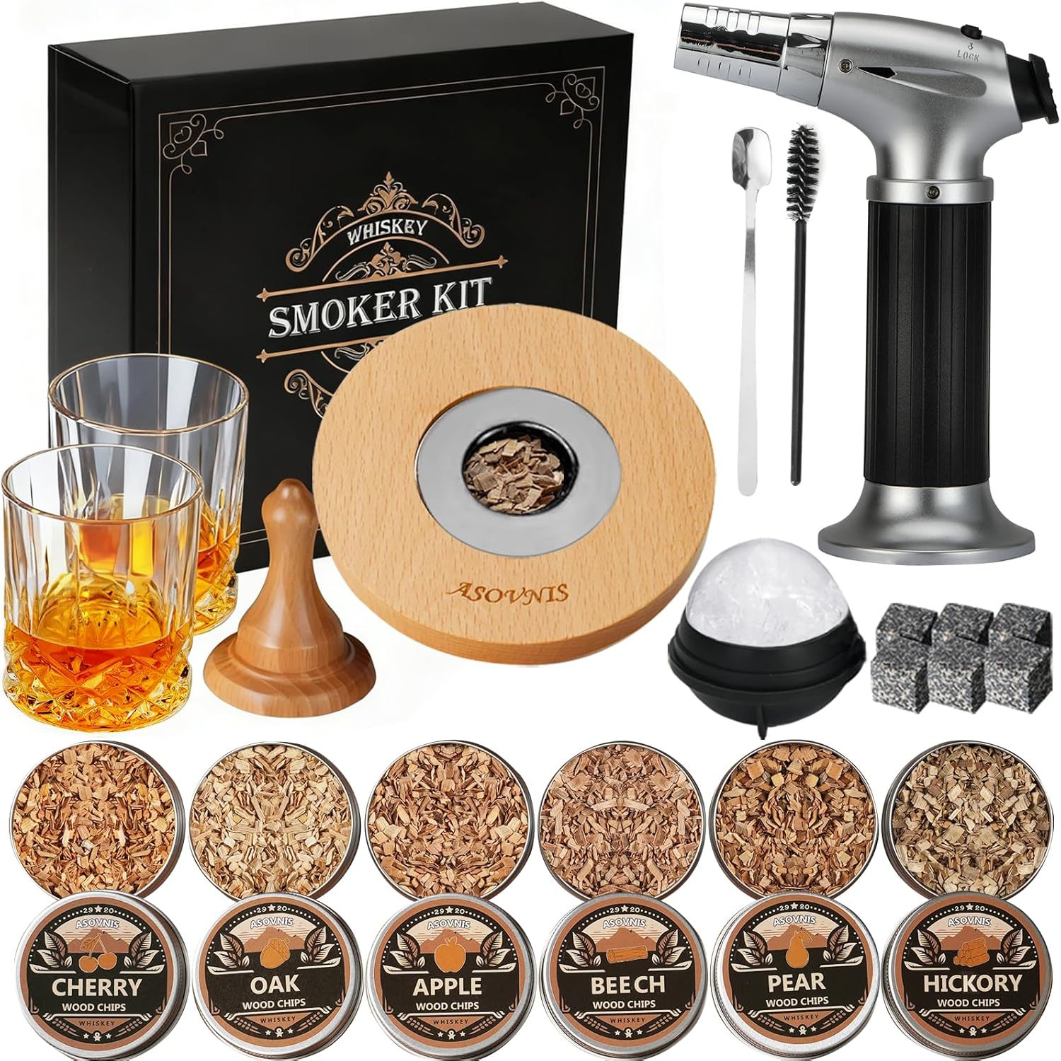 Whiskey Smoker Kit with Torch - 6 Flavors Wood Chips, 2 Glasses, Cocktail Smoker Infuser Kit, Old Fashioned Drink Smoker Kit, Birthday Valentine's Day Bourbon Whiskey Gifts for Men, Dad(No Butane)