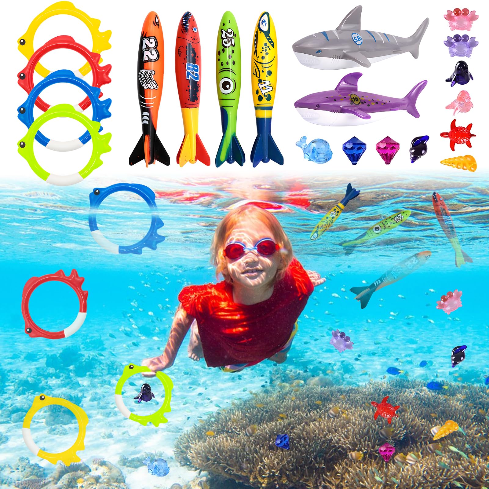 Juguetes de buceo para niños, anillos de buceo bajo el agua, juguetes de piscina a partir de 5, 6, 7, 8, 9 años, niños y niñas, piscina, juego de buceo, juego de buceo con bolsa de cordón para niños,
