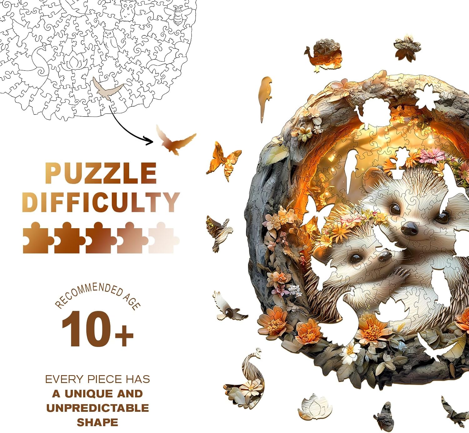 Wooden Puzzles for Adults - Parent-Child Hedgehog Wooden Jigsaw Puzzle, Unique Animal Shaped Wood Puzzles Adult, Christmas Birthday Gifts for Friends/Family, Home Decor 13.4 * 13.4in 290pcs