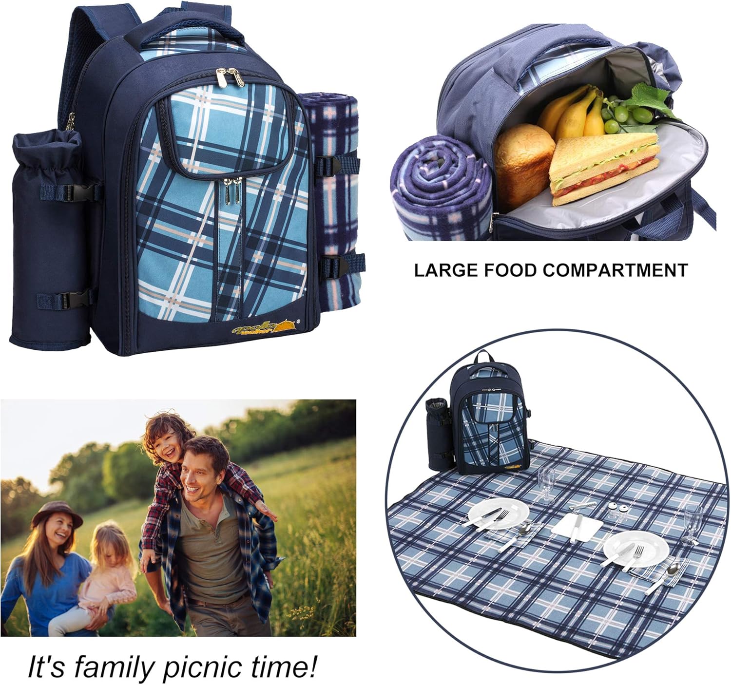 apollo walker Picnic Backpack Set for 4 with Cooler Compartment,Detachable Bottle/Wine Holder Including Large Picnic Blanket(45"x 53") for Picnic Family and Lovers Gifts,Outdoor,BBQ Time (Blue) : Patio, Lawn & Garden