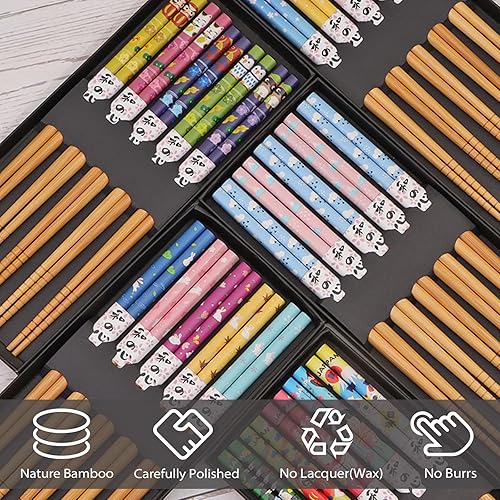 Miniatura 2 de 5 pares de palillos reutilizables de bambú natural con caja de regalo, juego de palillos antideslizantes para fideos de arroz de sushi, vajilla