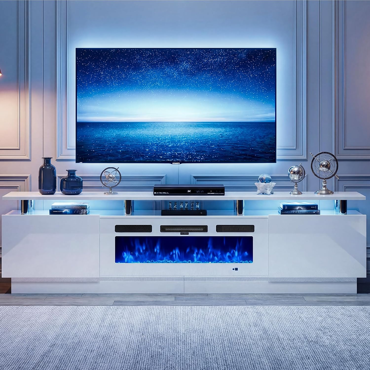 80" Fireplace TV Stand for TVs UP to 90", Electric Fireplace Entertainment Center with LED Lights & Storage Cabinets, TV Console for Living Room, Office, White-White