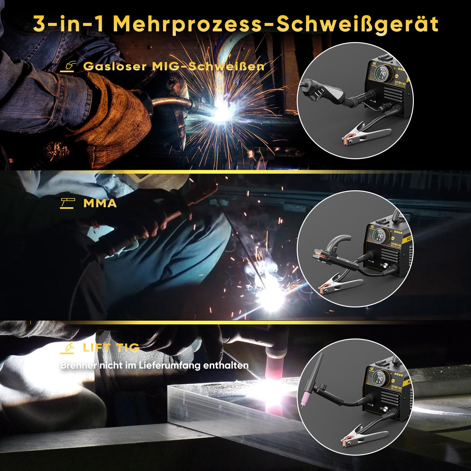 H HZXVOGEN 140A MIG-Schweißgerät, 230V Fülldraht-MIG/Lift-TIG/Elektroden-Schweißgerät 3 in 1 mit Synergic, IGBT Inverter Tragbares gasloses MIG-Schweißgerät MIG-Schweißgerät für Anfänger (HVM140)