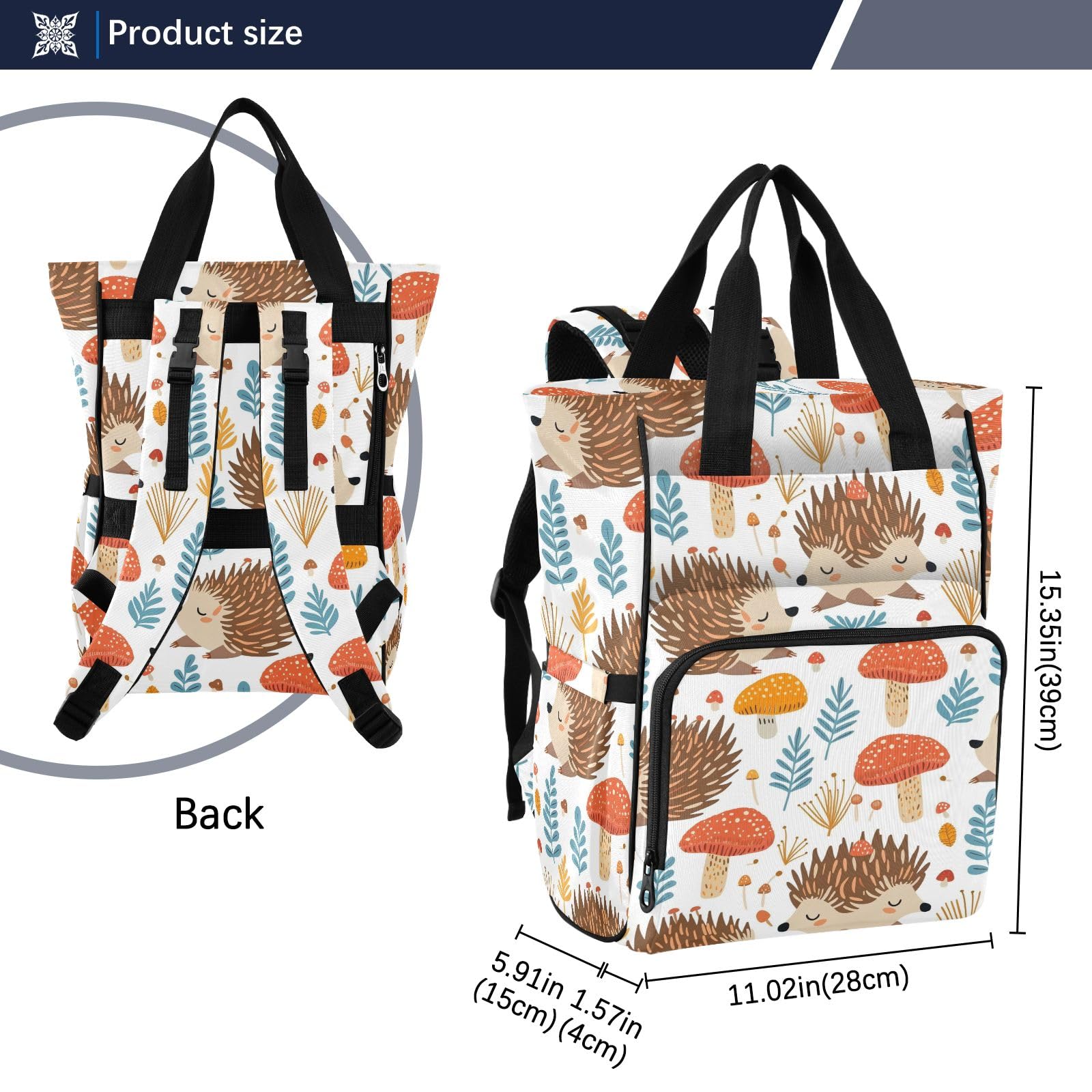 Mnsruu Hedgehog - Borsa per pannolini per bambini, con fungo, borsa grande, impermeabile, da viaggio, per mamme e papà