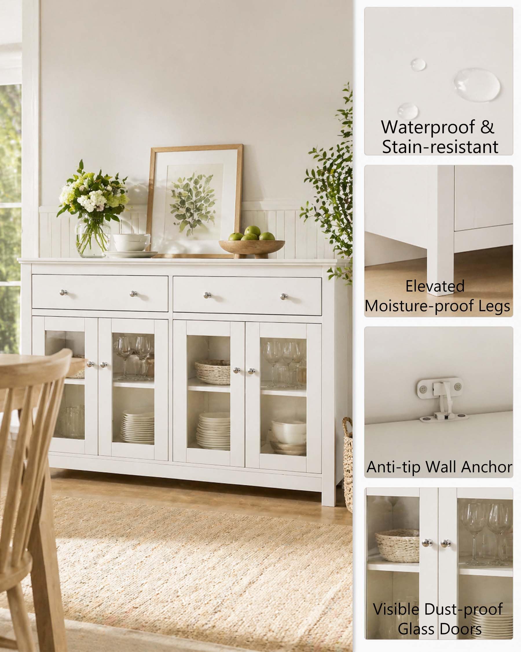 Aparador Blanco de Cocina, Mueble Auxiliar Moderno con Puertas de Vidrio y Alacena Grande con Cajones para Salón o Comedor 140x40x90.7cm