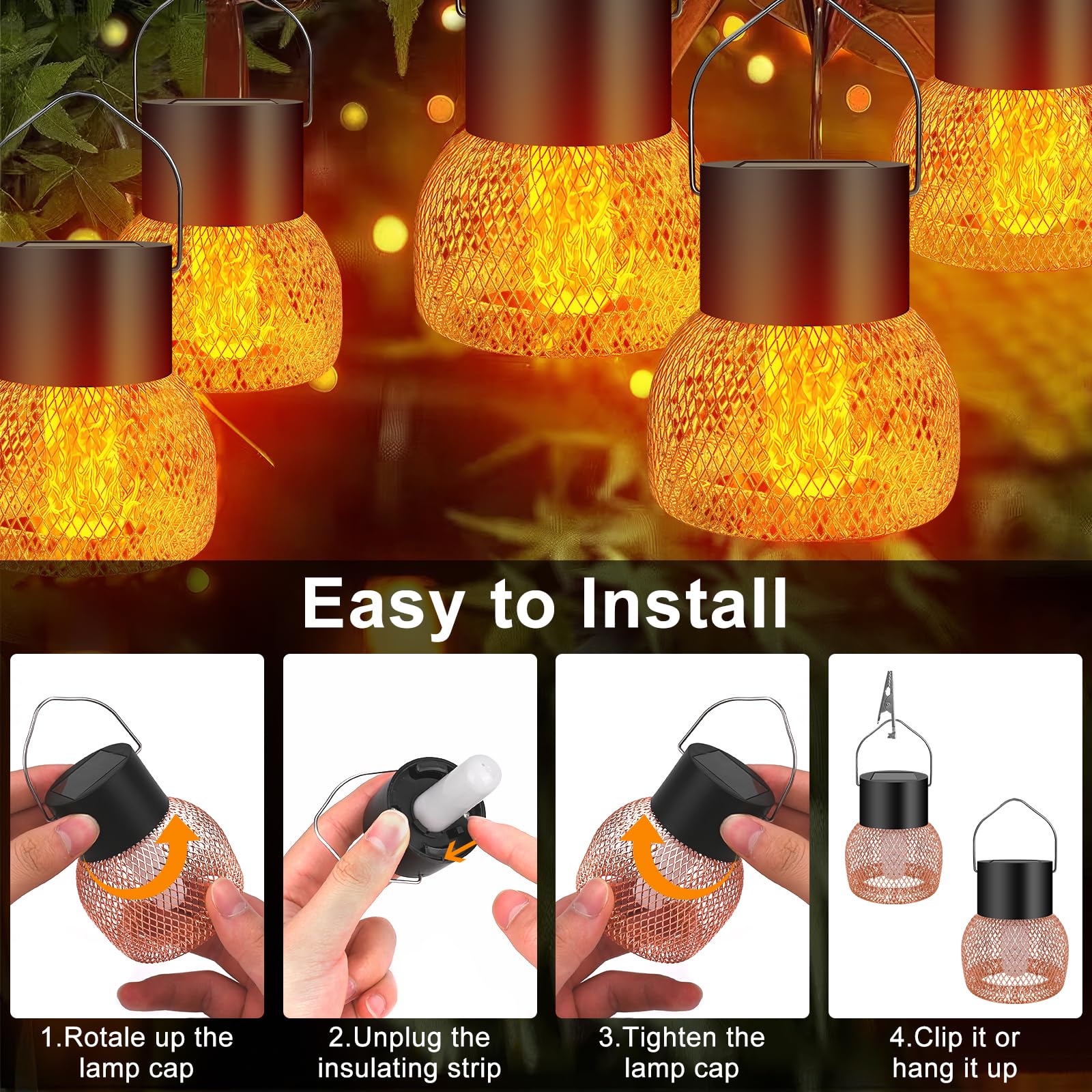 4 piezas Solar Hanging Light, IP65 resistente al agua lámparas solares para exteriores colgantes lámparas solares de jardín para exteriores, lámpara colgante, para jardines, patios, vallas, árboles