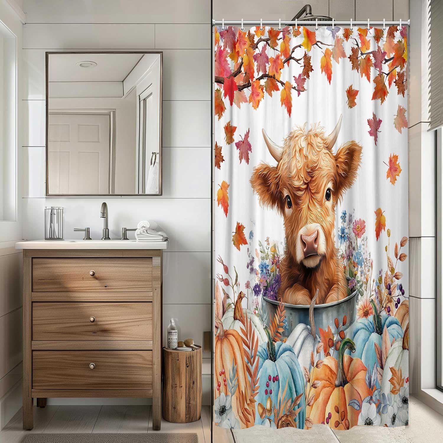 JAWO Fall Cow Shower Curtain, Autumn Thanksgiving Pumpkin Farmhouse Funny Highland Cow Shower Curtains for Bathroom, Cute Farm Animal Bathroom Decor, with Hooks, Surreal Bathroom Curtain, 70X70IN