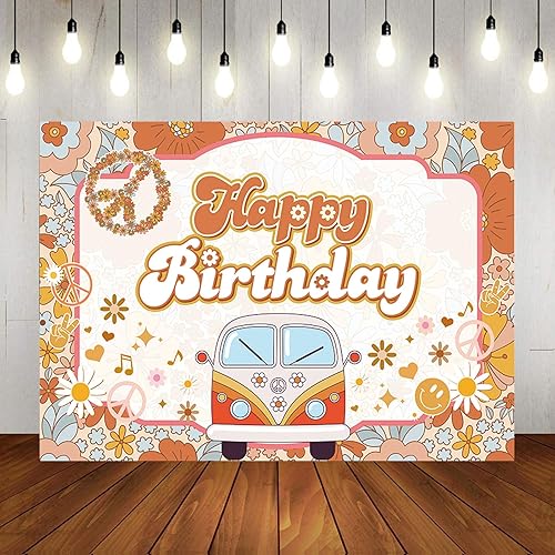 Miniatura 10 de Groovy - Telón de fondo de fiesta de cumpleaños, diseño de margaritas estilo bohemio, flores retro para bebé y niña, cartel vintage de dos fondos