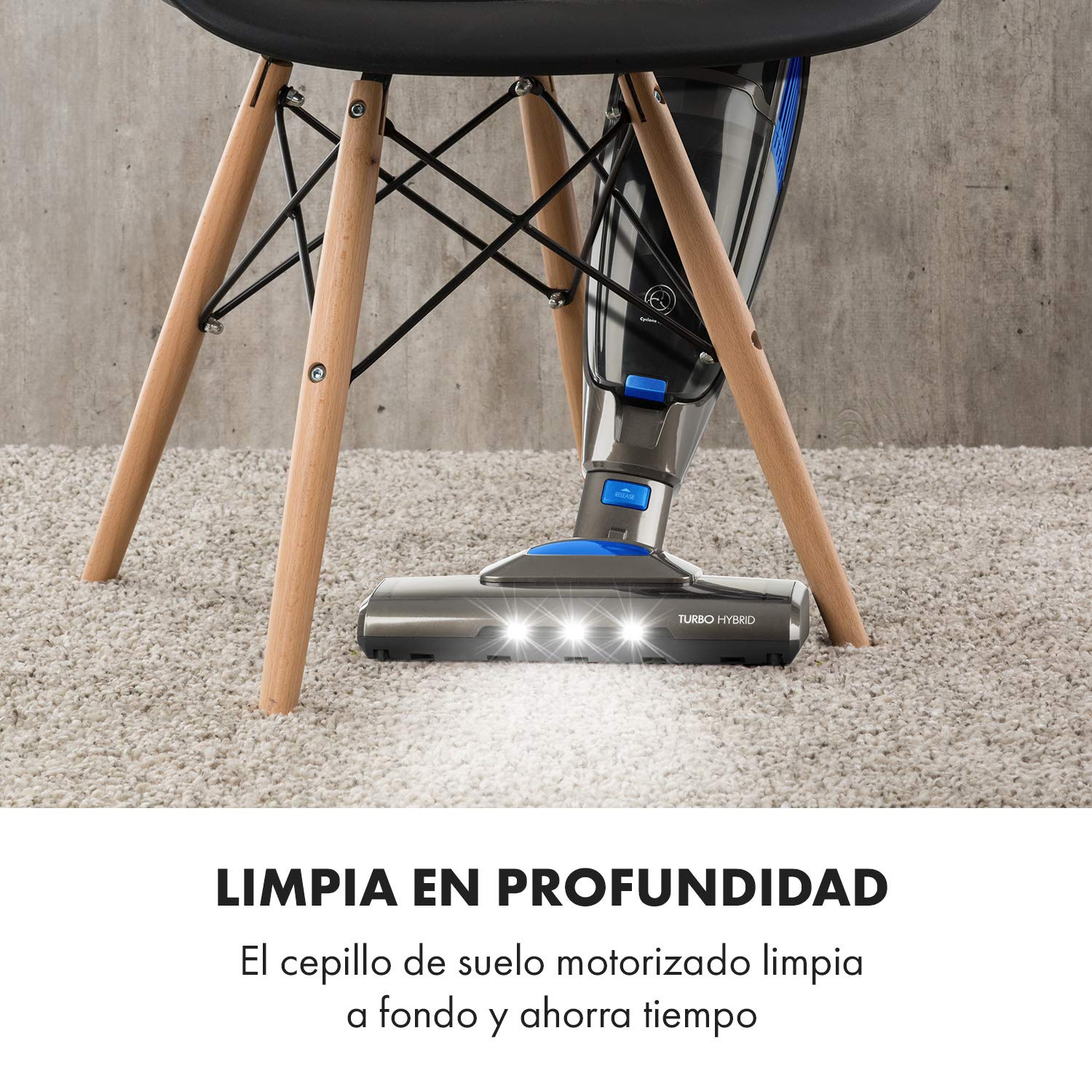Klarstein TurboHybrid Aspiradora Sin Cable, Aspirador Escoba Ciclónico y de Mano, hasta 50 min de Autonomía, Batería Li-Ion 25,2V, 2 Niveles de Succión, Sin Bolsa, LED, Azul Antracita