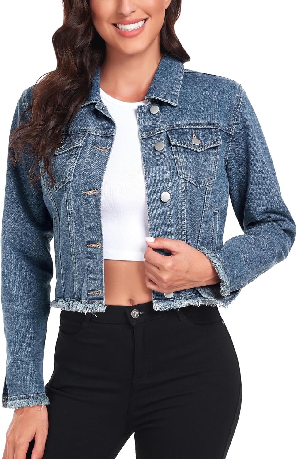Anienaya Jean Jacket Women’s Frayed Washed Button Up Cropped Denim Jacket w 2 Side Pockets