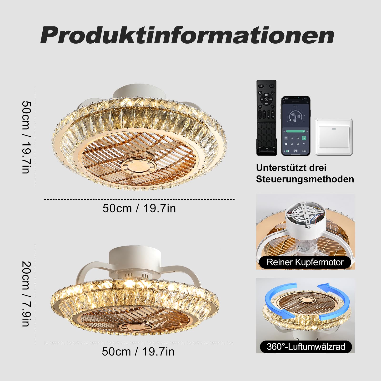 LED Deckenventilator mit Beleuchtung, Leise Kristall Ventilator Kronleuchte mit Fernbedienung Dimmbar Timing Fan Deckenleuchte,72W Moderne Fan Deckenlampe mit Flügelrad, 360°-Umluftleitrad