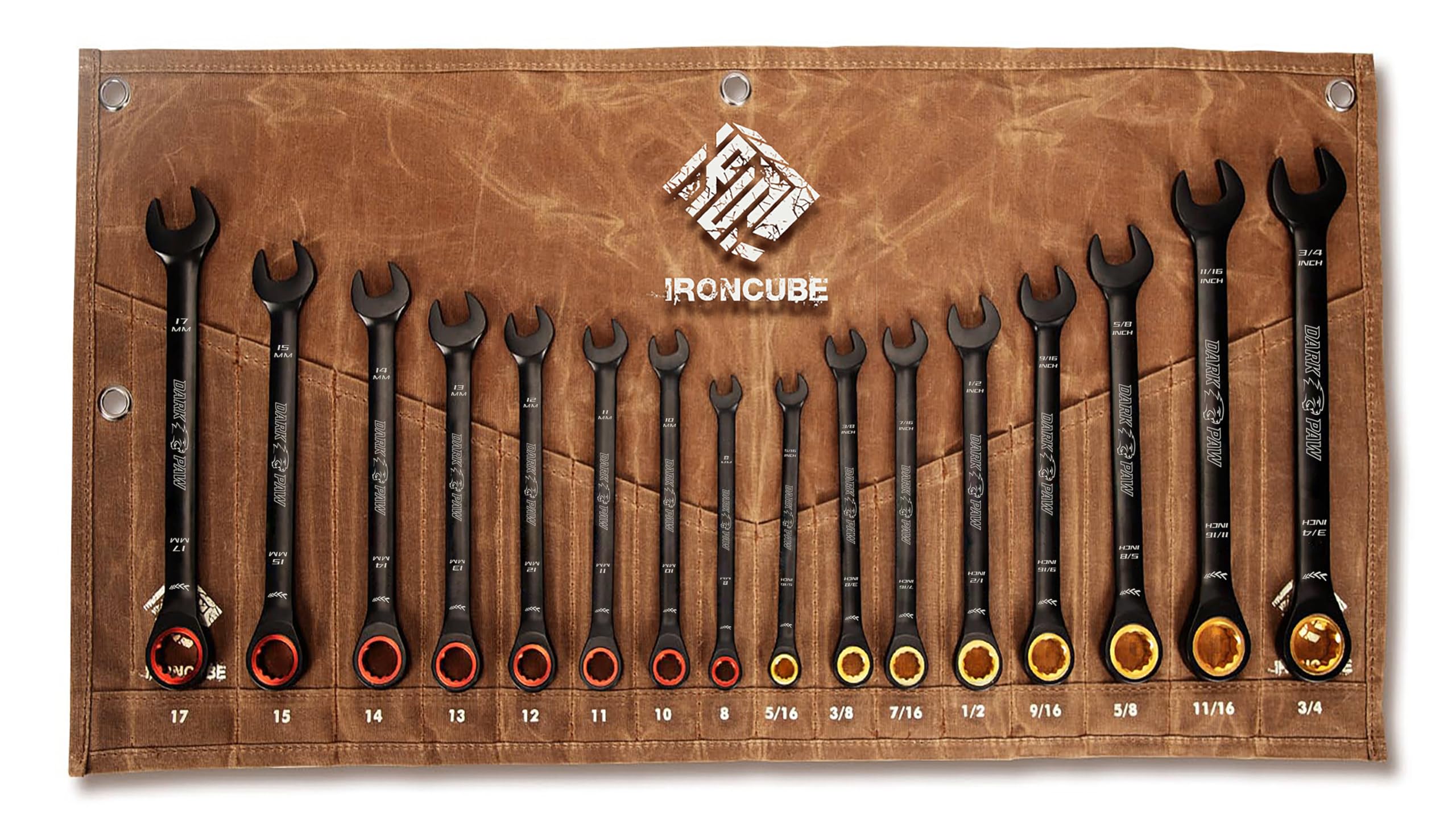 ironcube Juego de llaves de trinquete para hombre: 16 piezas métricas y SAE, cromo vanadio negro, incluye bolsa de lona de cera impermeable, para reparación de automóviles