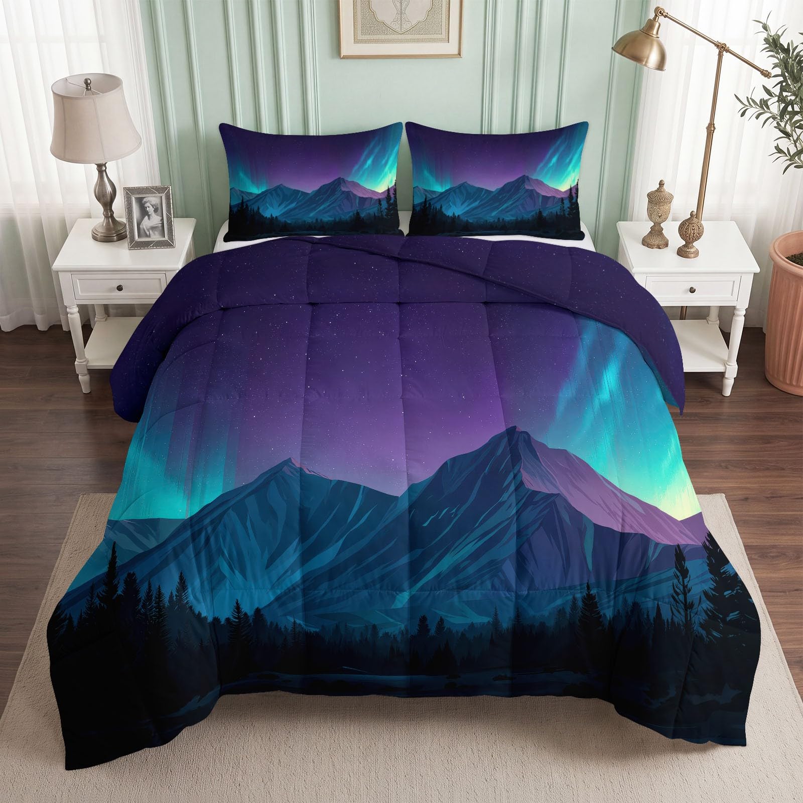 Trapunte stampate, 200 x 220 cm, biancheria da letto per bambini 4 stagioni, Aurora Boreale, Montagne, Cielo Notturno, reversibile, Trapunta senza copripiumino, 2 persone, Onirique Edredon morbido