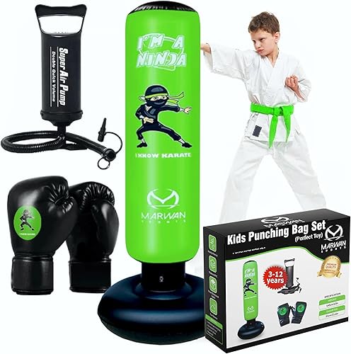 Marwan Sports Saco de boxeo todo en uno resistente al sol para niños  Juego de saco de boxeo inflable para niños de 3 a 12 años con guantes de boxeo
