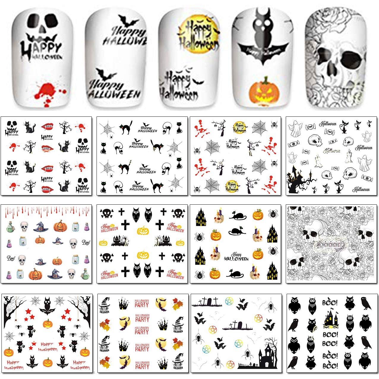TailaiMei 48 Sheets Halloween Nail Art Stickers - Water Transfer DIY Nail Decals Stencil for Halloween Party : Beauty & Personal Care