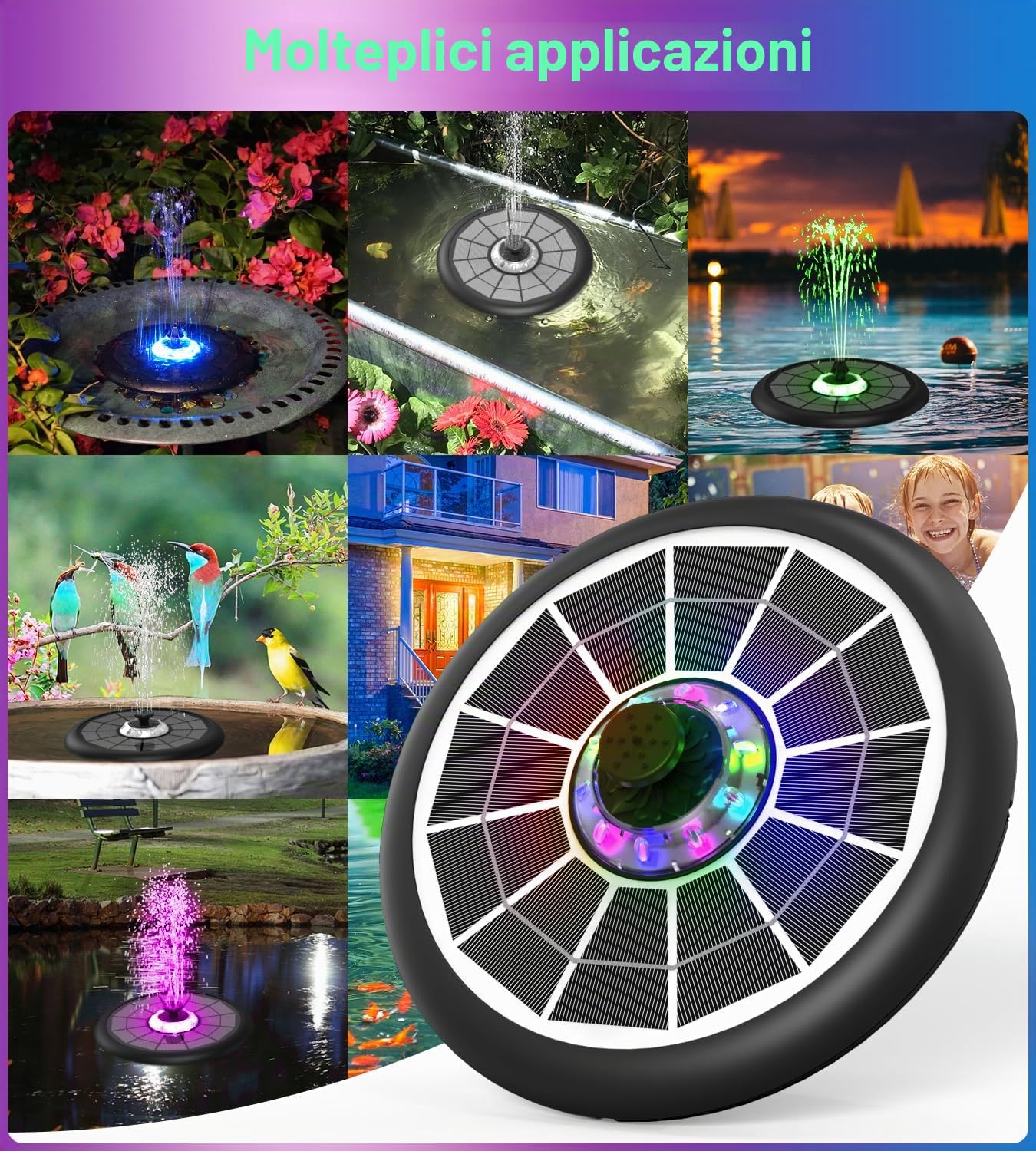 SZMP Fontana Solare, 10 Luci 5W, Pompa ad Acqua Solare Fontana con 7 Ugelli, 4 Fissatori, 4000mAh Batteria, Fontana da Giardino Esterno per Uccelli, Acquario, Vaso dei Pesci