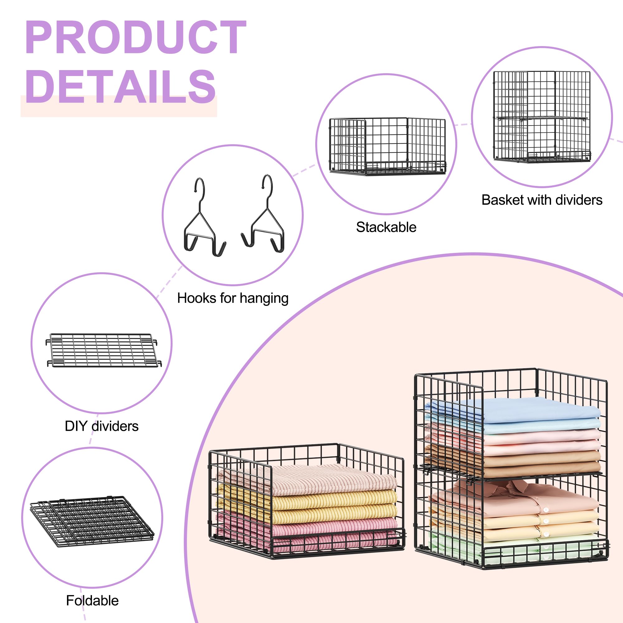 6 Tier Hanging Closet Organizers and Storage Stackable Hanging Closet Shelves with 4 Hooks 2 Adjustable Dividers, Wire Storage Basket Bins for Clothing Purse Sweaters Shoes Socks Dolls, Foldable: 5-Tier Black