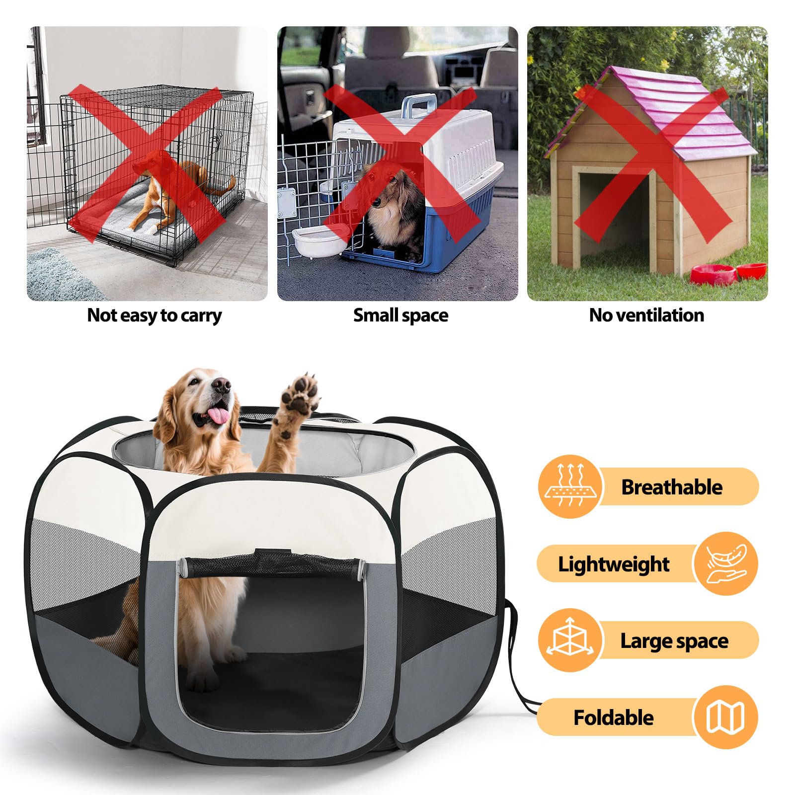 Box per cani e gatti, penna pieghevole per cani, per interni ed esterni, portatile, in tessuto morbido, leggero, per cuccioli, gattini, conigli, criceti (beige, M (85 x 85 x 58 cm), 6)