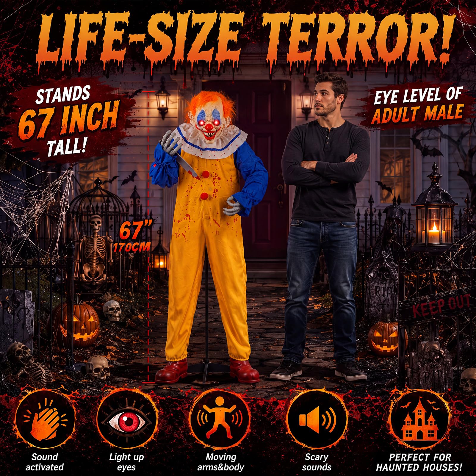 Soulchen Clown animatronique d'Halloween de 1,7 m, accessoire grandeur