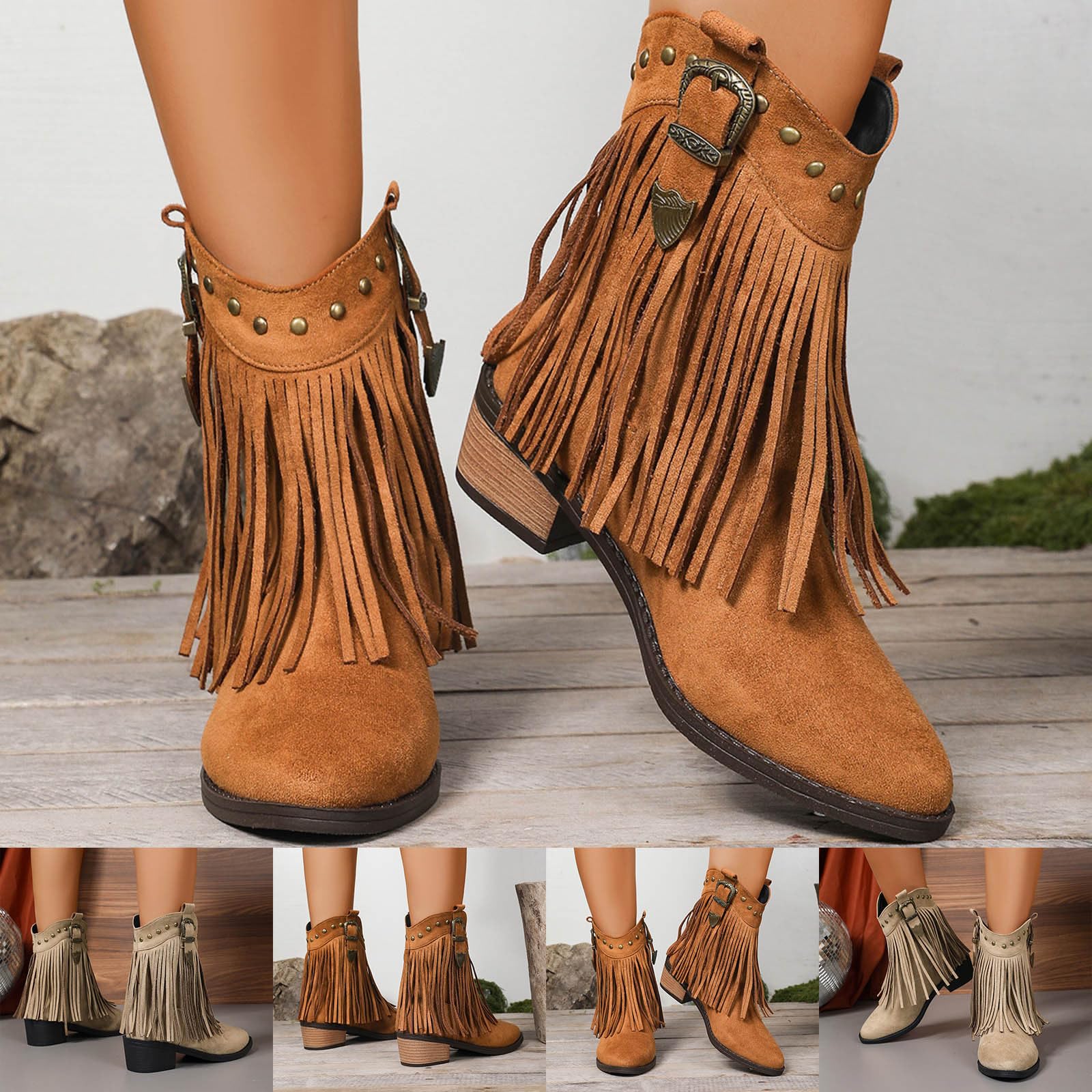 Damen Wildleder Cowboystiefel mit Fransen Blockabsatz Cowgirl Stiefeletten Faschingskostüme Damen Camperos Stiefel Leder Stiefeletten Western-Party Karneval Kostüm