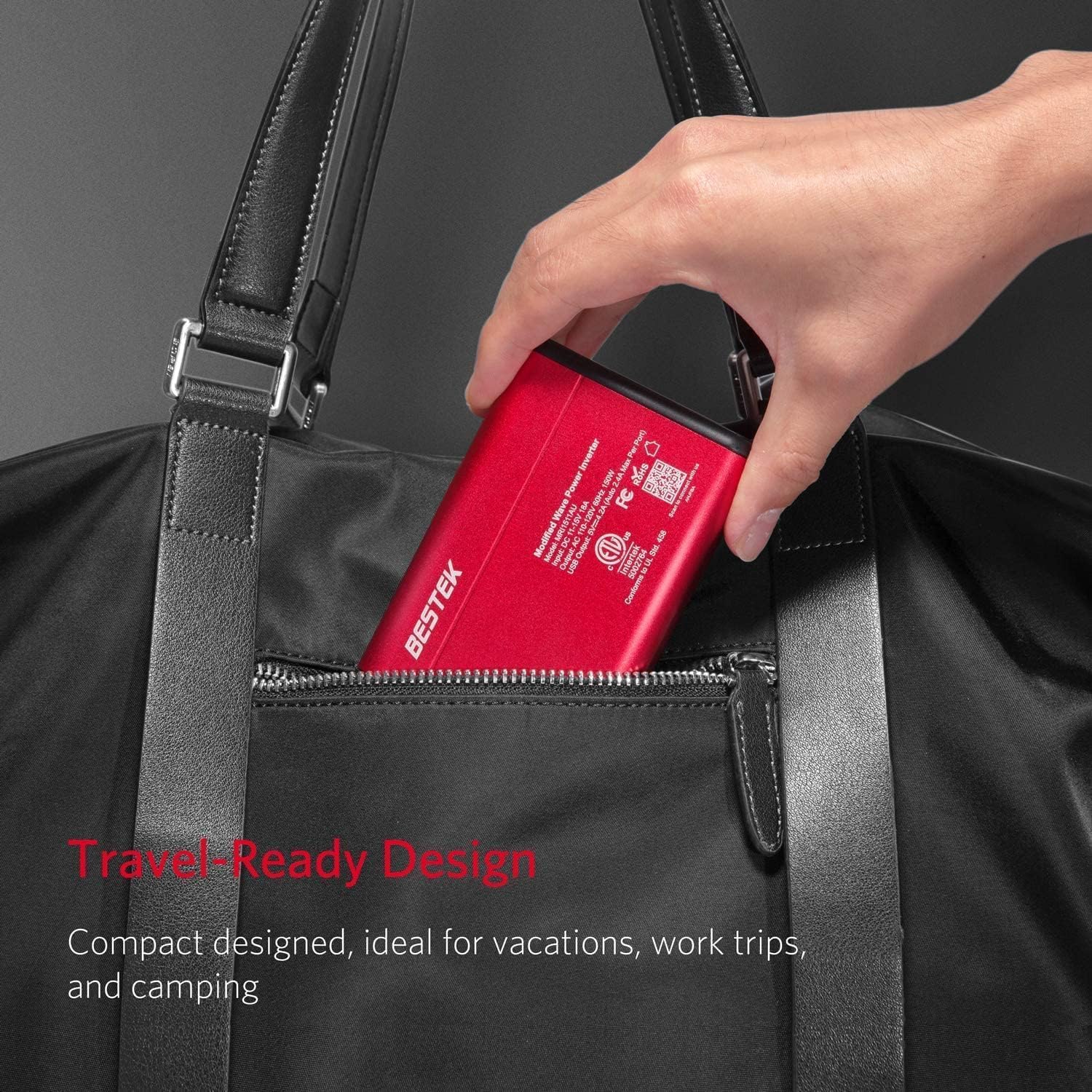 Graphic illustrating the fast charging capability of the BESTEK inverter's USB ports compared to other brands.