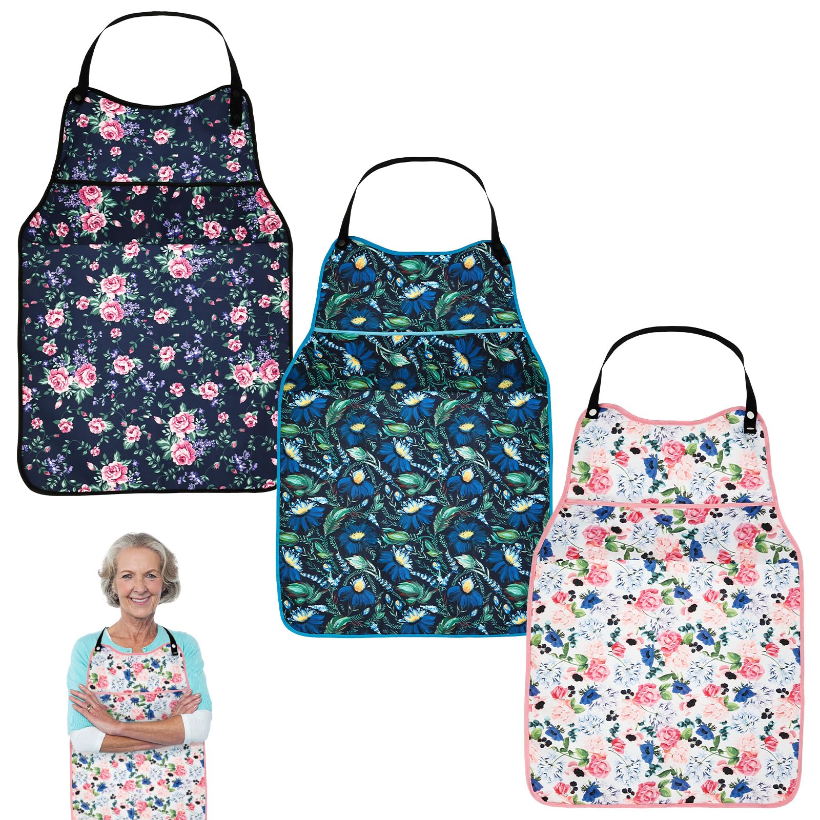 Ghshanog Women's Colorful 3Pcs Adult Bibs For Elderly,Waterproof Dinning Bib With Crumb Catcher,Reusable Adult Bib For Men, Washable Bibs Flower Printed Clothing Protectors Elderly Senior Disabled Convalescent