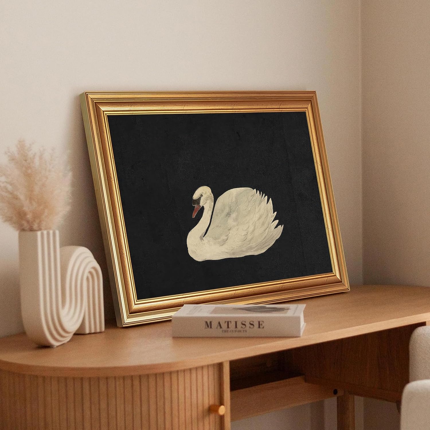 PicturePerfect Decor Minimalist Black Swan Canvas Wall Art 16x12 Gold Frame, Black White Modern Animal Poster, Elegant Bird Print for Living Room Bedroom Office Decor, Easy to Hang