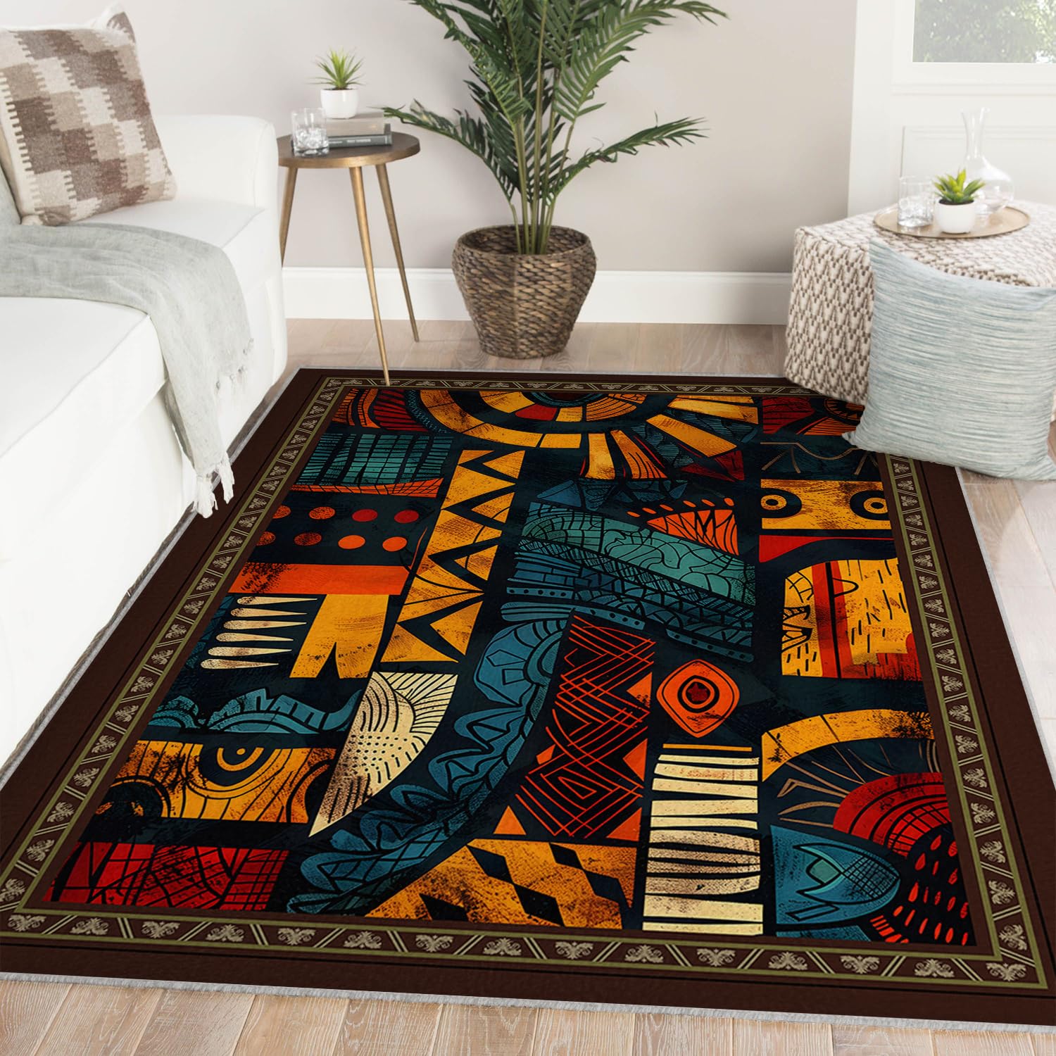 Waschbarer Teppich 140x200 Flächenteppiche für Wohnzimmer Kinderzimmer Primitive Tribal Kunst ultraweiche Kunstwolleteppiche rutschfeste und Nicht abfallende Teppiche mit niedrigem den