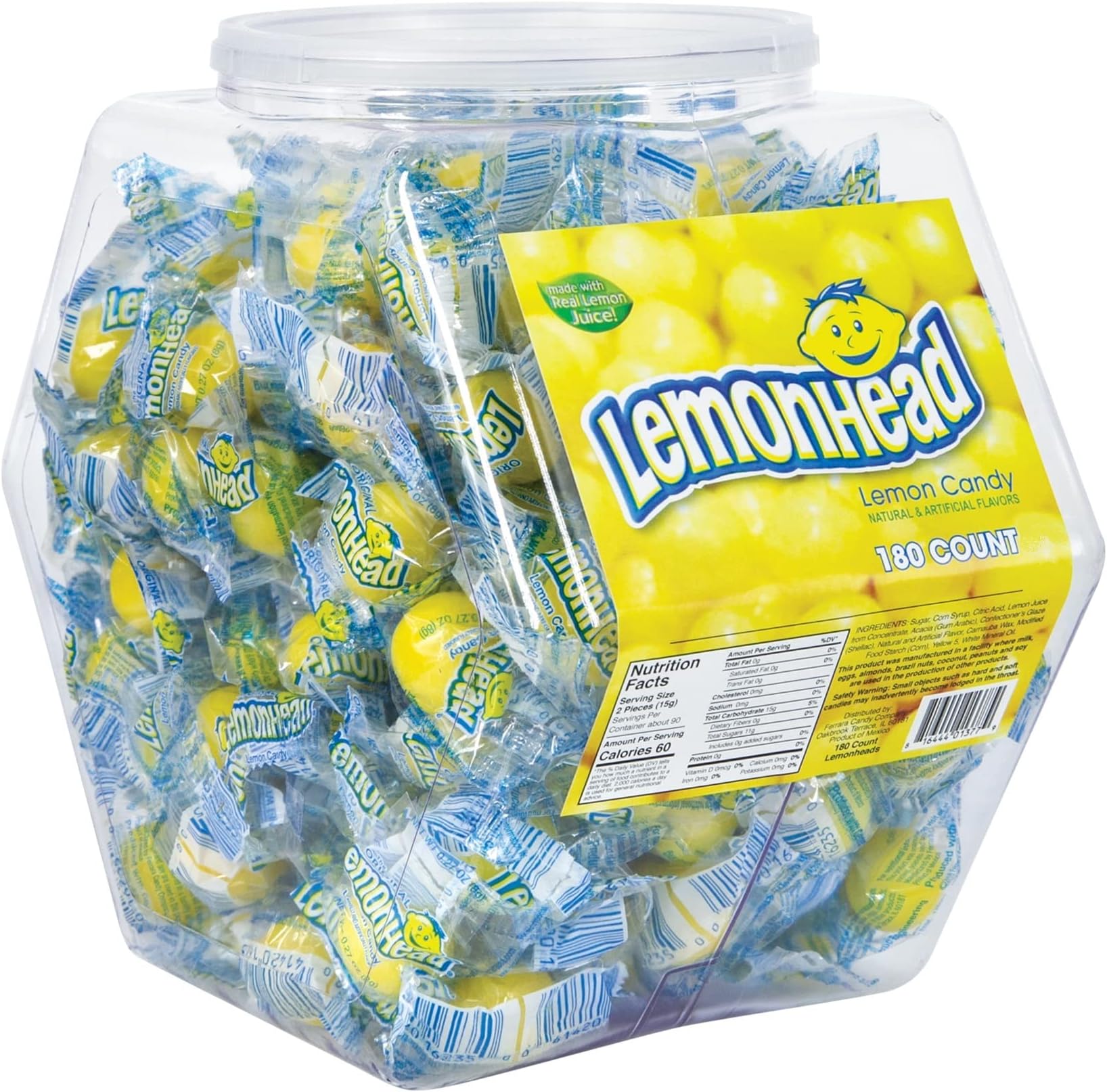 Candy Bulk Pack, 180 Pieces | Individually Wrapped Lemon Flavored Hard Candies in Reusable Plastic Tub | Fat Free and Gluten Free Snacks, 180 Count (Pack of 1)