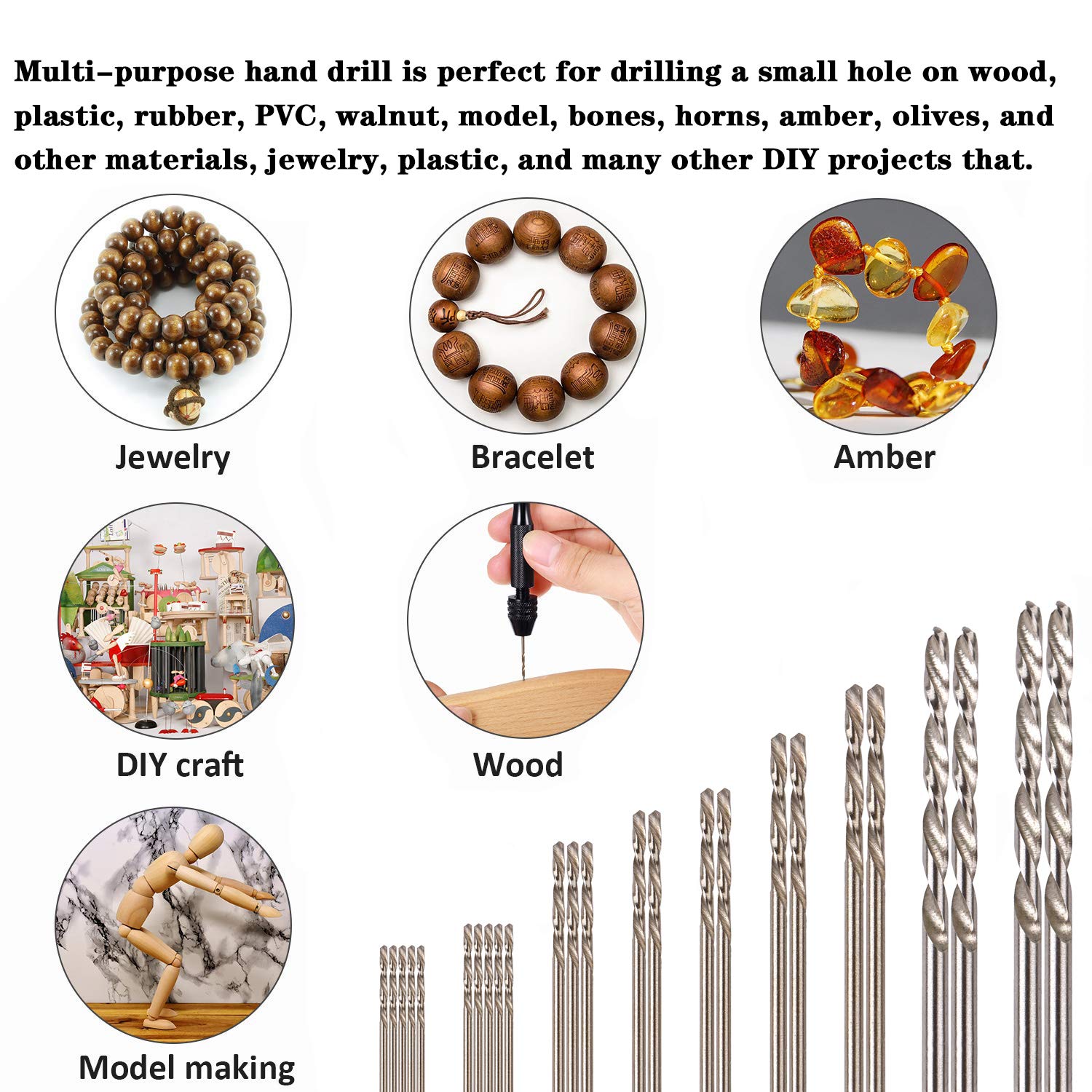 VENEKETY Hand Drill Set Precision Pin Vise with 25 Pieces Twist Drill Bits for Craft Carving DIY Model Jewelry Walnut Amber Beeswax Olive Nut Etc (0.5-3 mm Drill Bit) 3