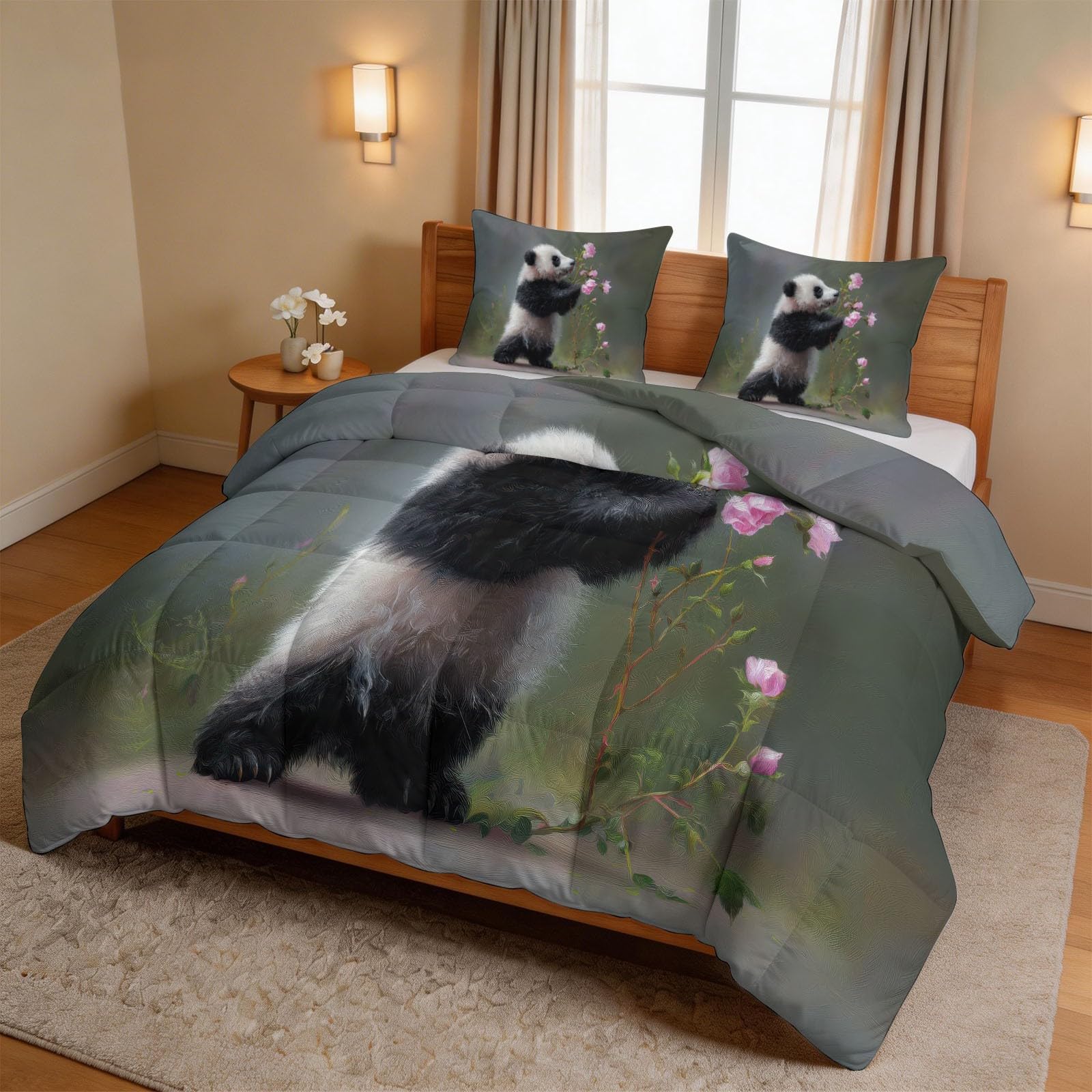 Kołdra z kreskówek zwierzęcych 4 pory roku 240 x 260 cm, ciepła kołdra, lekka kołdra dla nastolatków i dorosłych, Panda Kwiaty Piwonie Rośliny Gałązki Liście Kołdra bez poszwy i 2 poszewki na poduszki